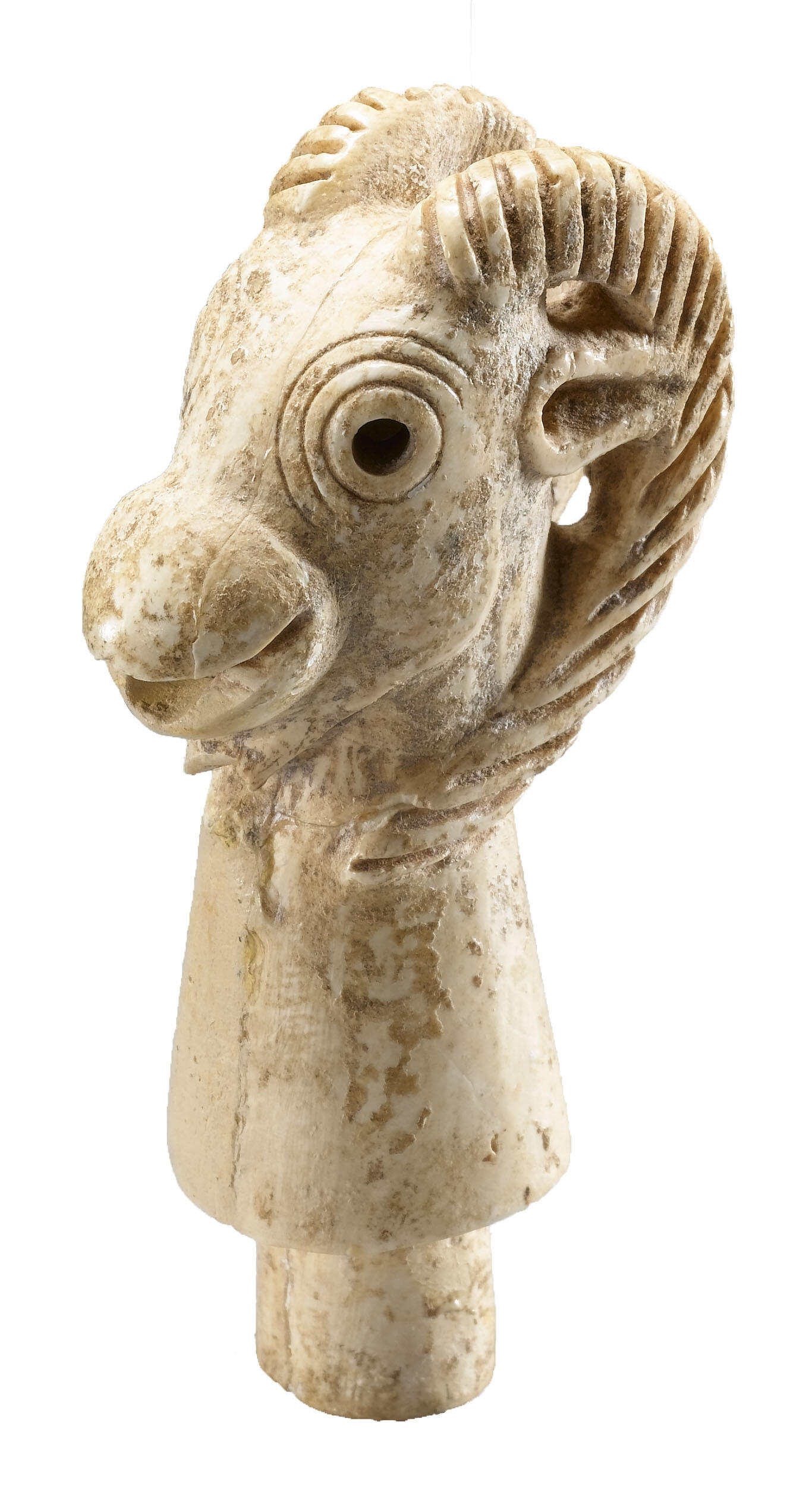 Ivory stopper in shape of ibex head with open mouth.