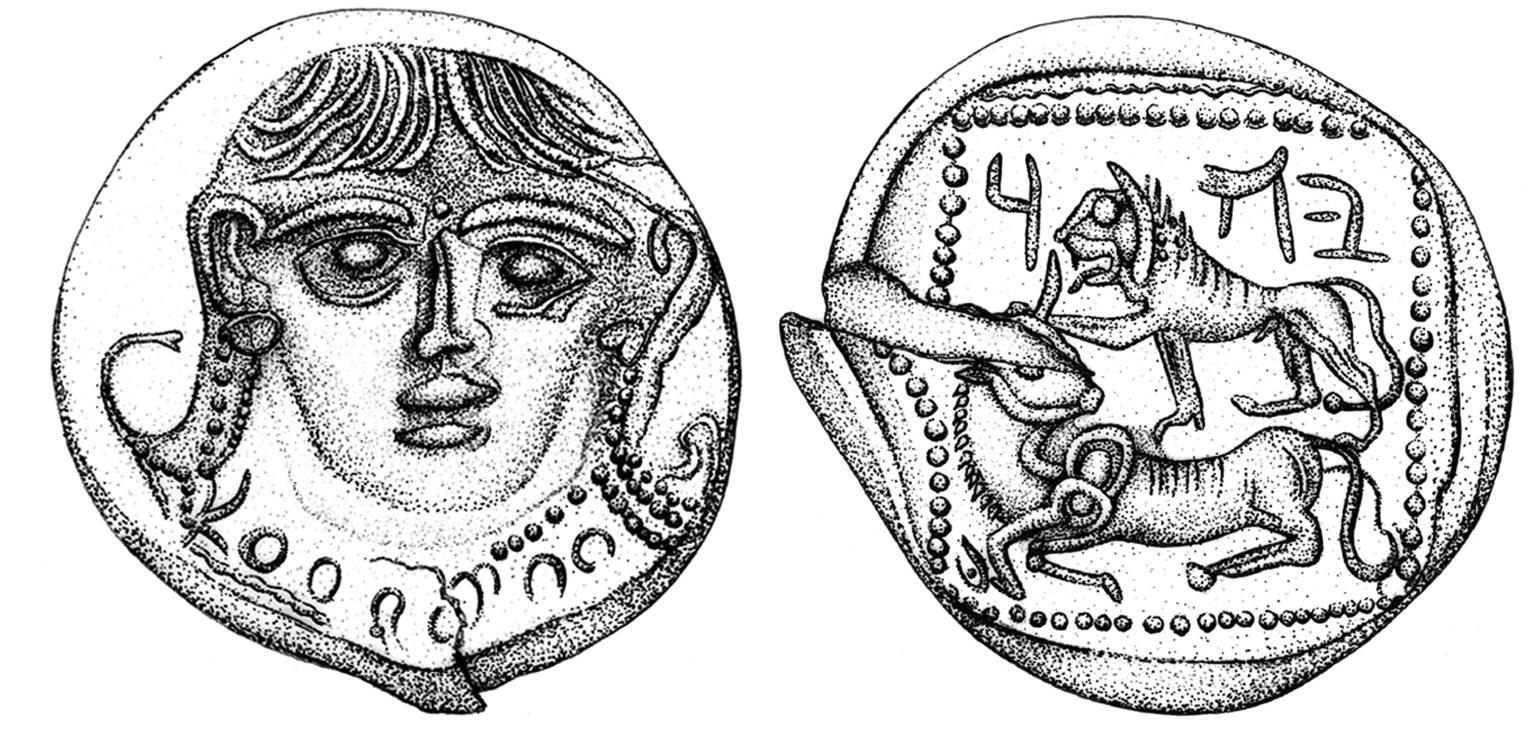 Drawings of front and back of coin, with image of face on front of coin and lion, bovine, and Hebrew inscription on back of coin. Drawings of front and back of coin, with image of face on front of coin and lion, bovine, and Hebrew inscription on back of coin.