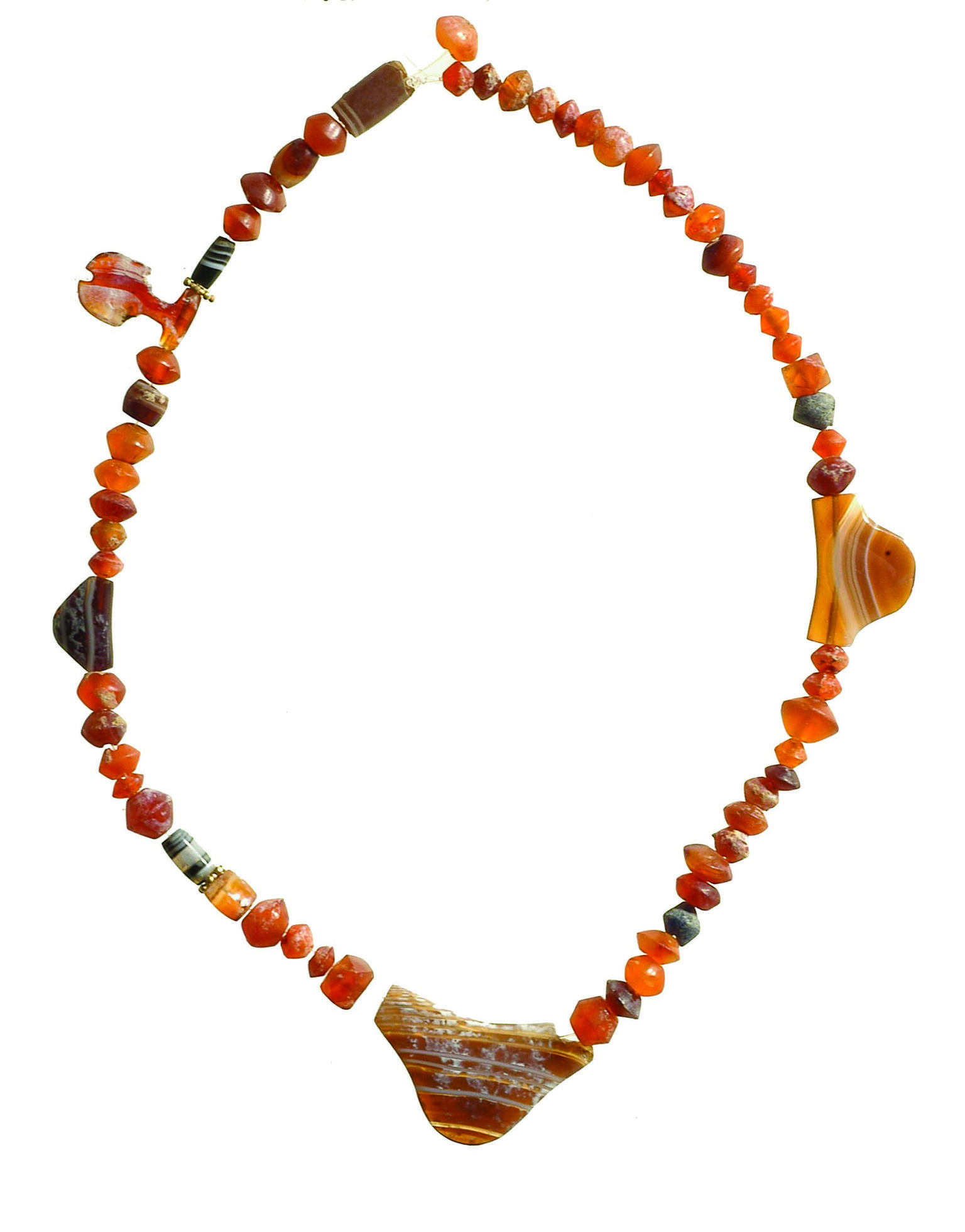 Glass and stone beaded necklace including three large triangular shaped pendants with stripes, and an irregular shaped pendant.