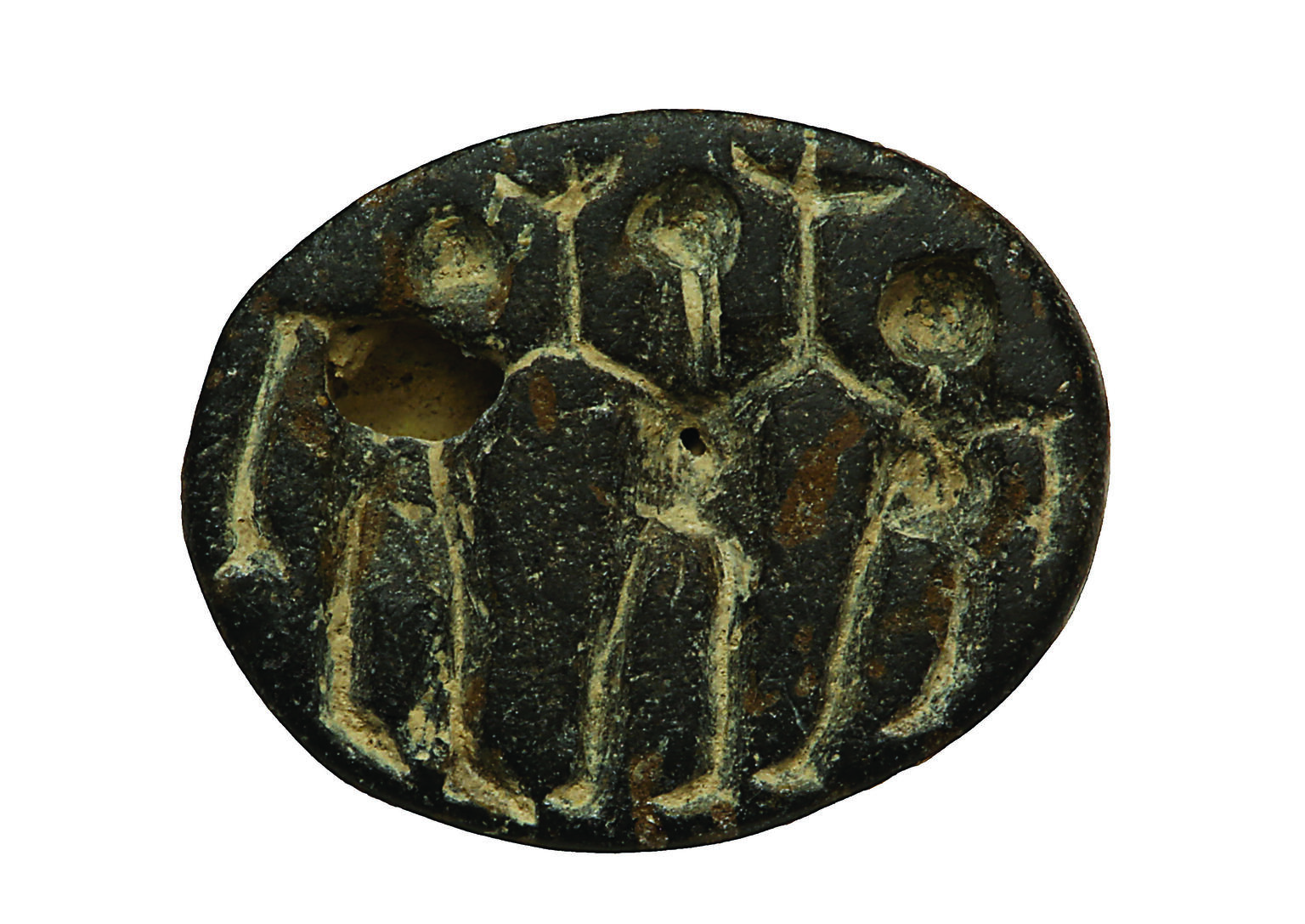 Seal with depiction of three people holding up T-shaped objects. Seal with depiction of three people holding up T-shaped objects.