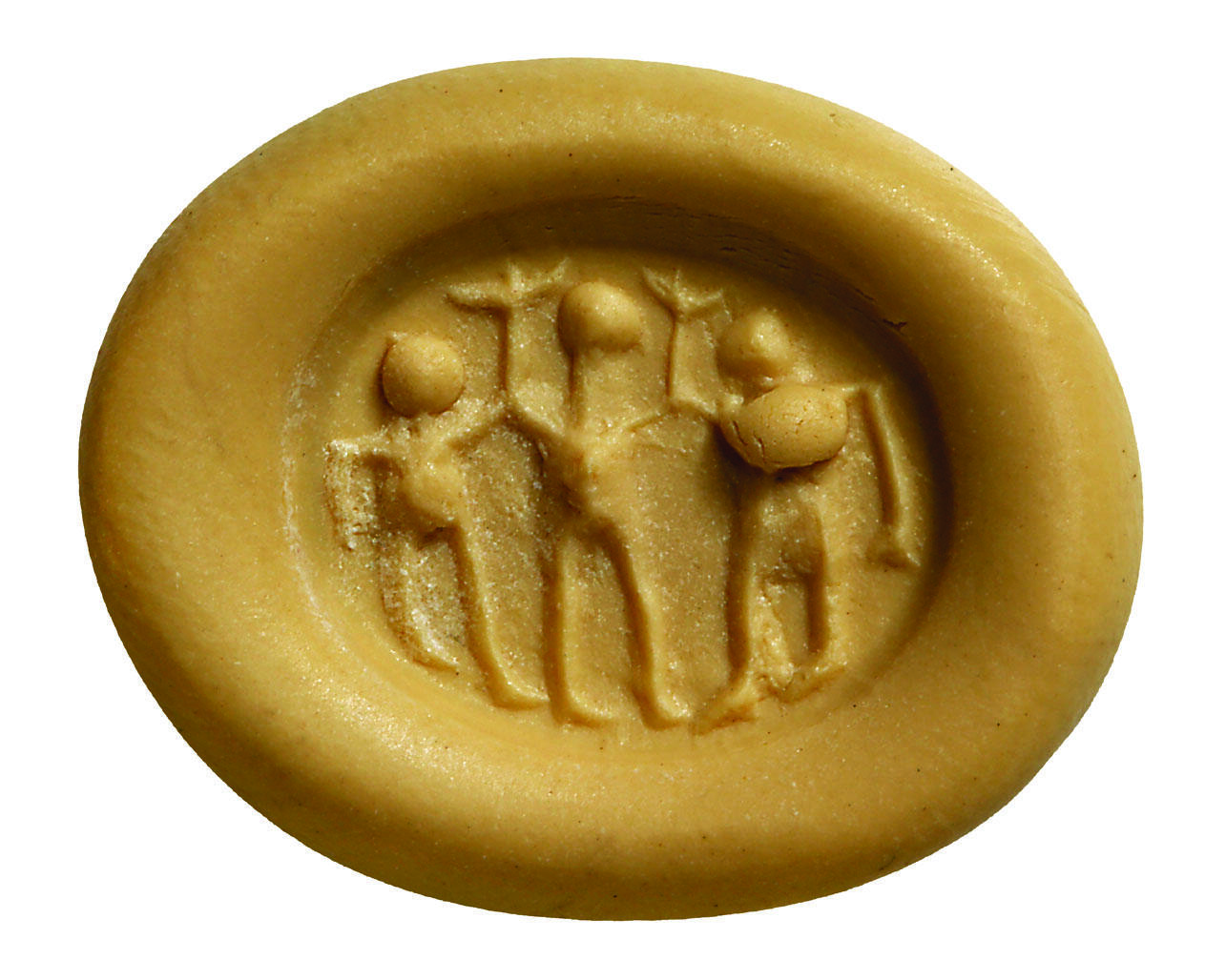 Wax impression of three people holding up T-shaped objects.