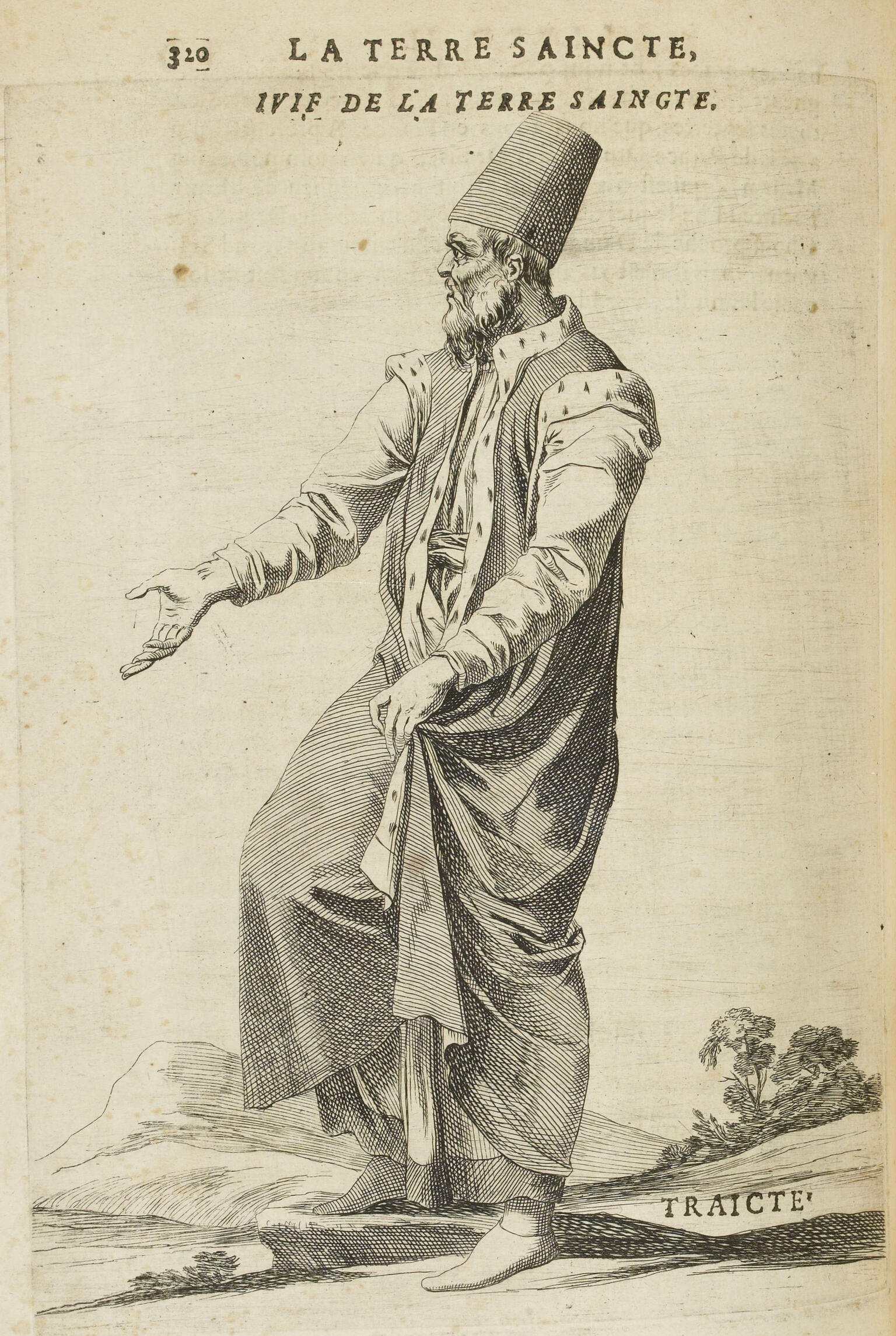 Drawing of man in hat stepping with one arm outstretched and the other grasping the hem of his robes with French heading. Drawing of man in hat stepping with one arm outstretched and the other grasping the hem of his robes with French heading.
