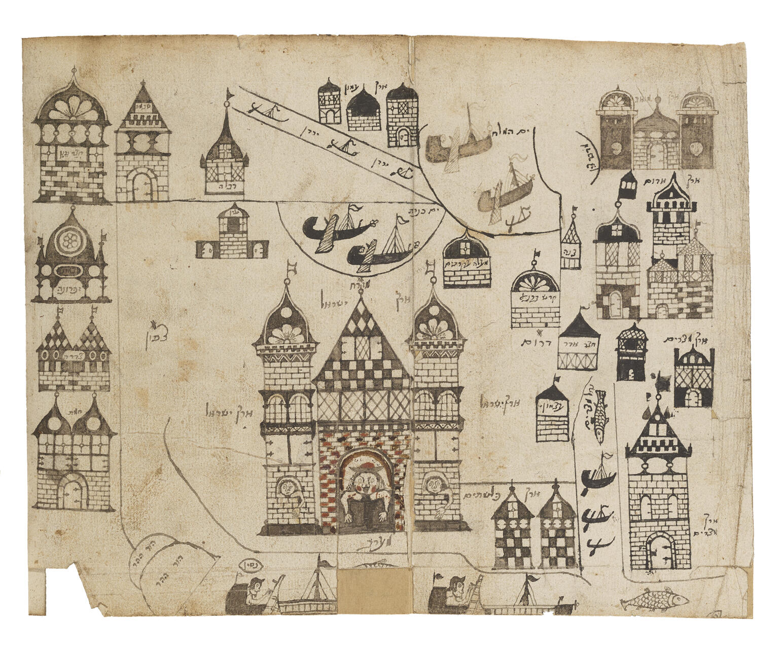 Manuscript page with drawings of buildings and boats spread across the page with Hebrew labels. Manuscript page with drawings of buildings and boats spread across the page with Hebrew labels.
