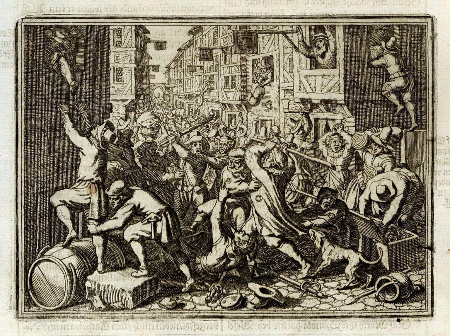 Engraved print of people fighting in chaotic city street. Engraved print of people fighting in chaotic city street.