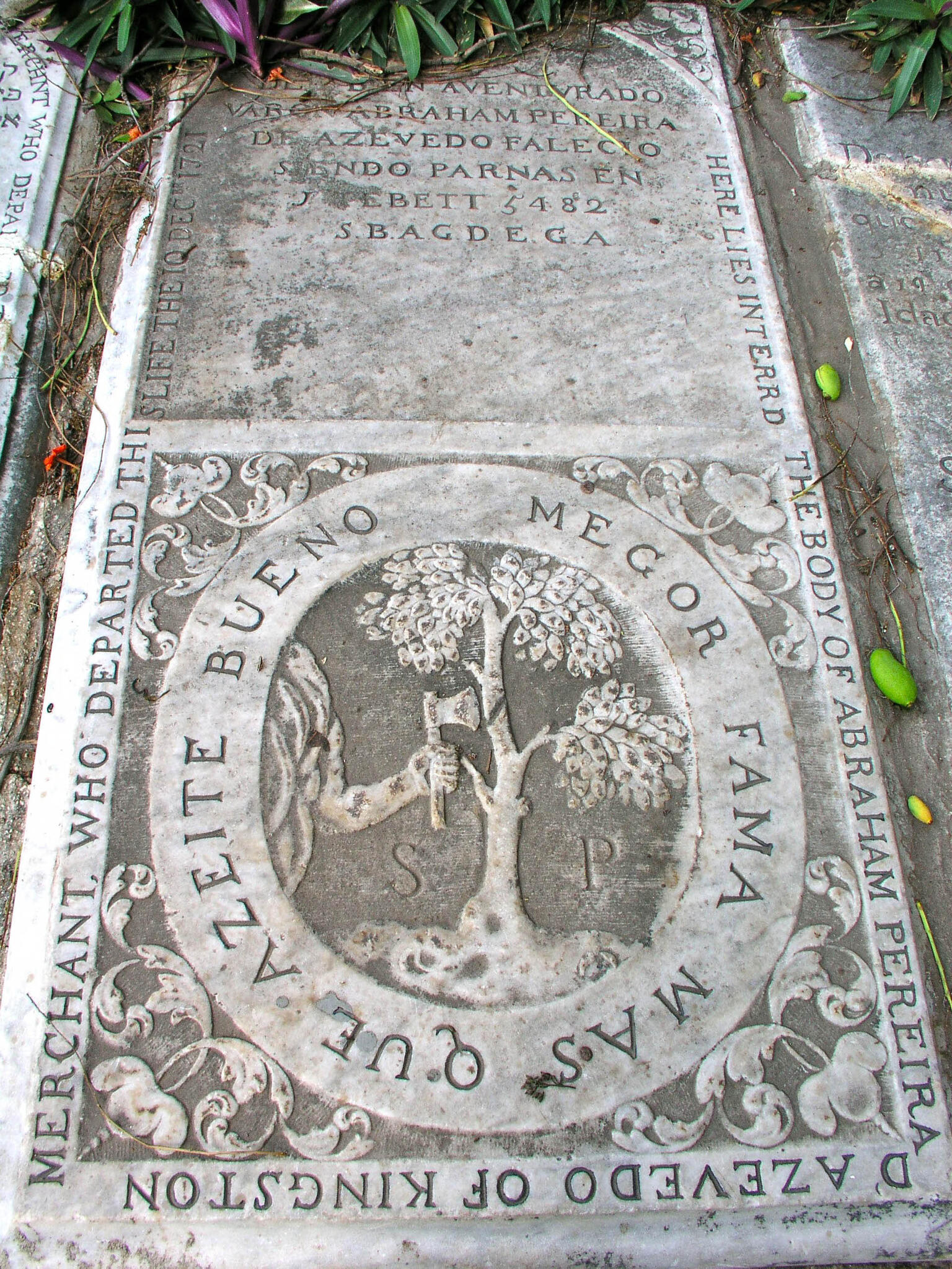 Tombstone with Latin inscription on top half and illustration below of axe chopping tree in half, surrounded by English words around perimeter of stone.