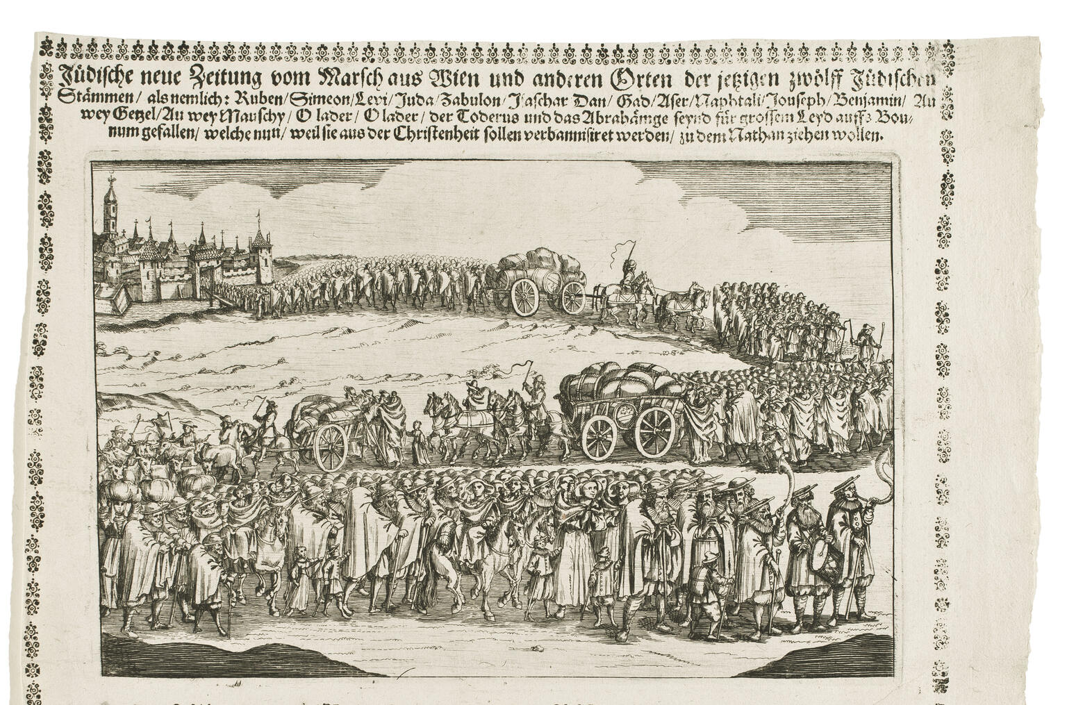 Print with German text on top and large illustration of procession of people leaving a city carrying bundles, with some horses and wagons. Print with German text on top and large illustration of procession of people leaving a city carrying bundles, with some horses and wagons.