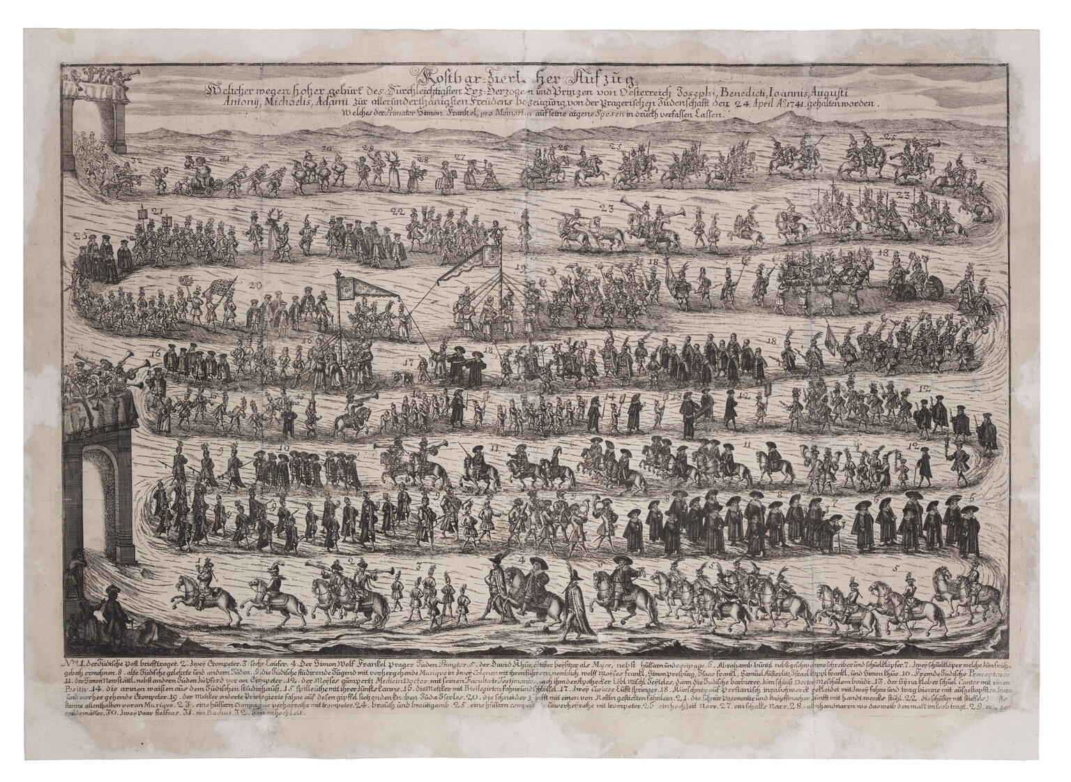 Print of long procession of people on horses and on foot carrying banners and trumpets, from one archway down and across the page to another archway, with German heading and text below. 
