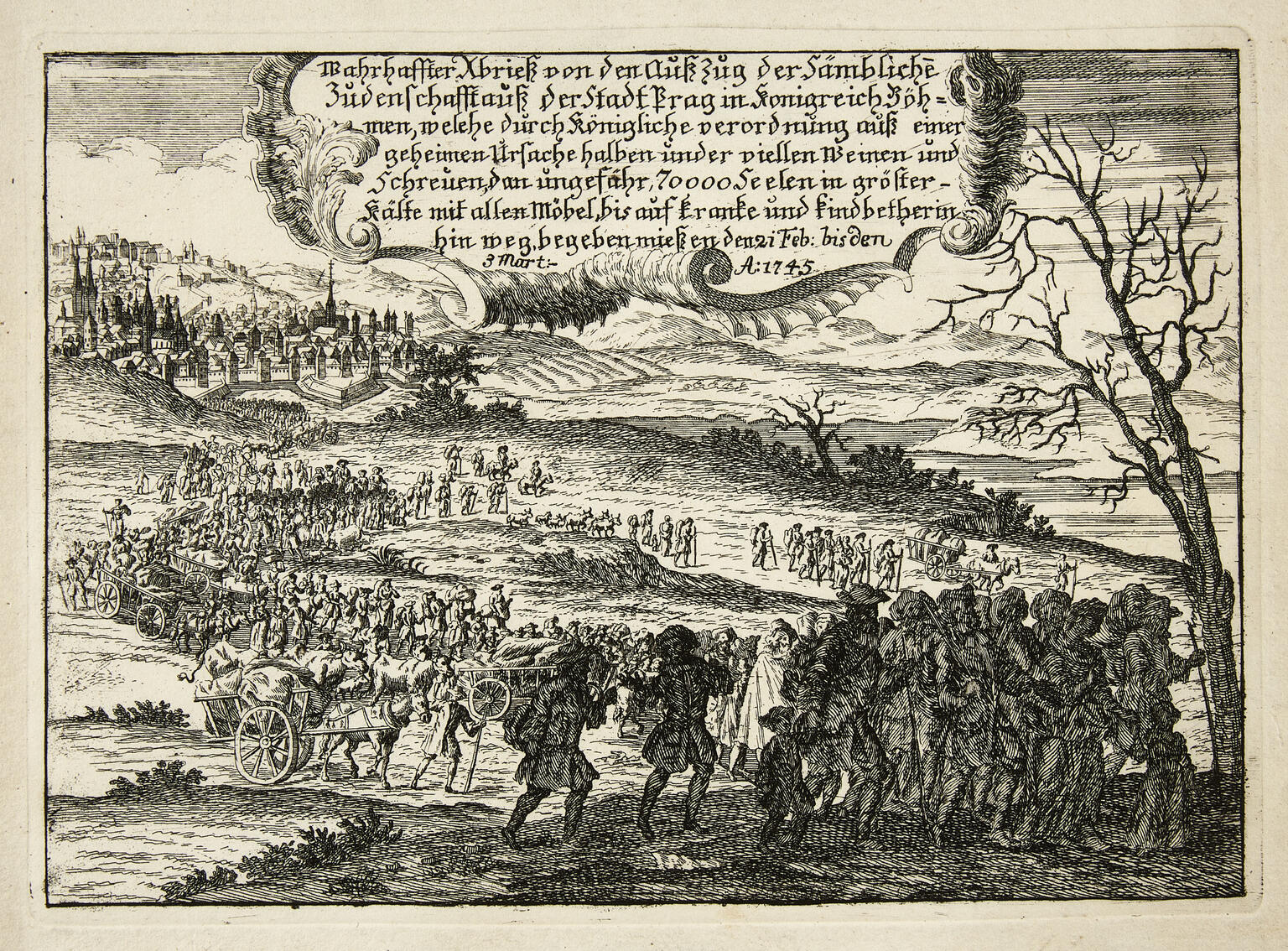 Print of long procession of people on foot and some horses with wagons walking out of a city across hills, with German text above. Print of long procession of people on foot and some horses with wagons walking out of a city across hills, with German text above.
