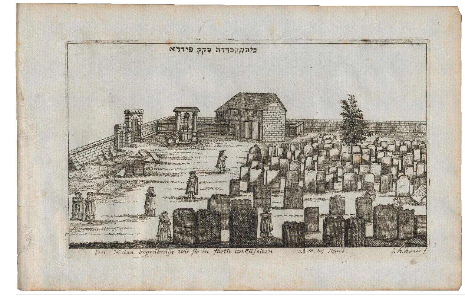 Printed engraving of cemetery enclosed by wall with several people walking through. Printed engraving of cemetery enclosed by wall with several people walking through.