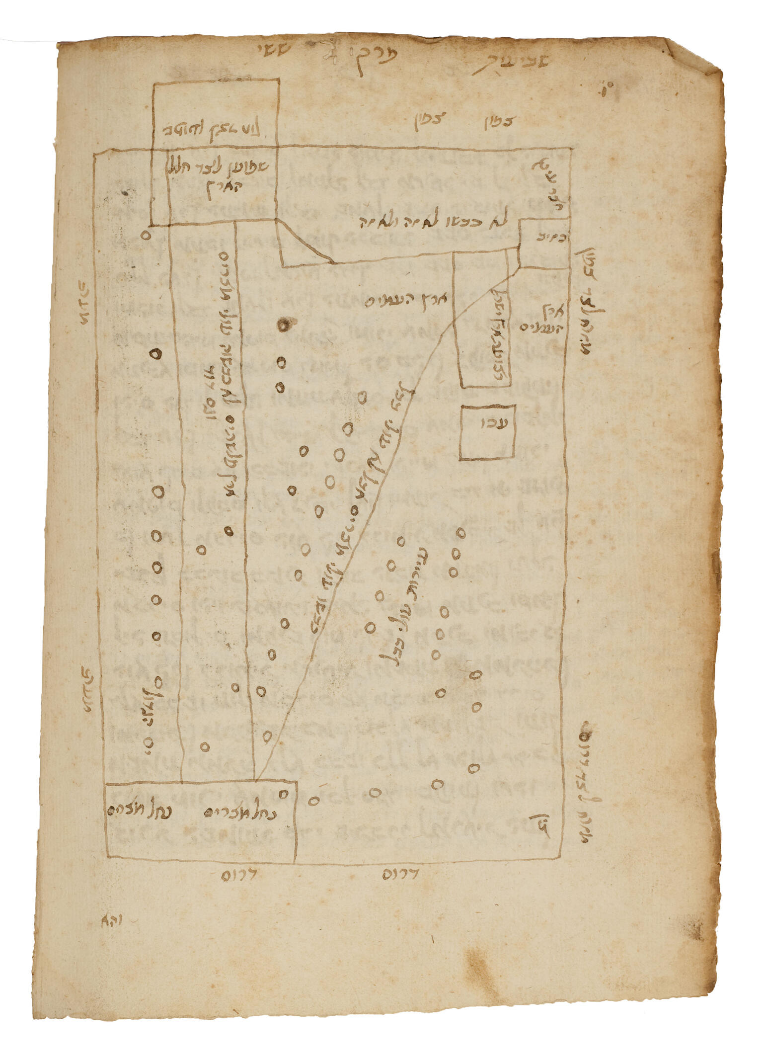 Manuscript page with Hebrew words in hand-drawn geometric shape with lines and small circles. 