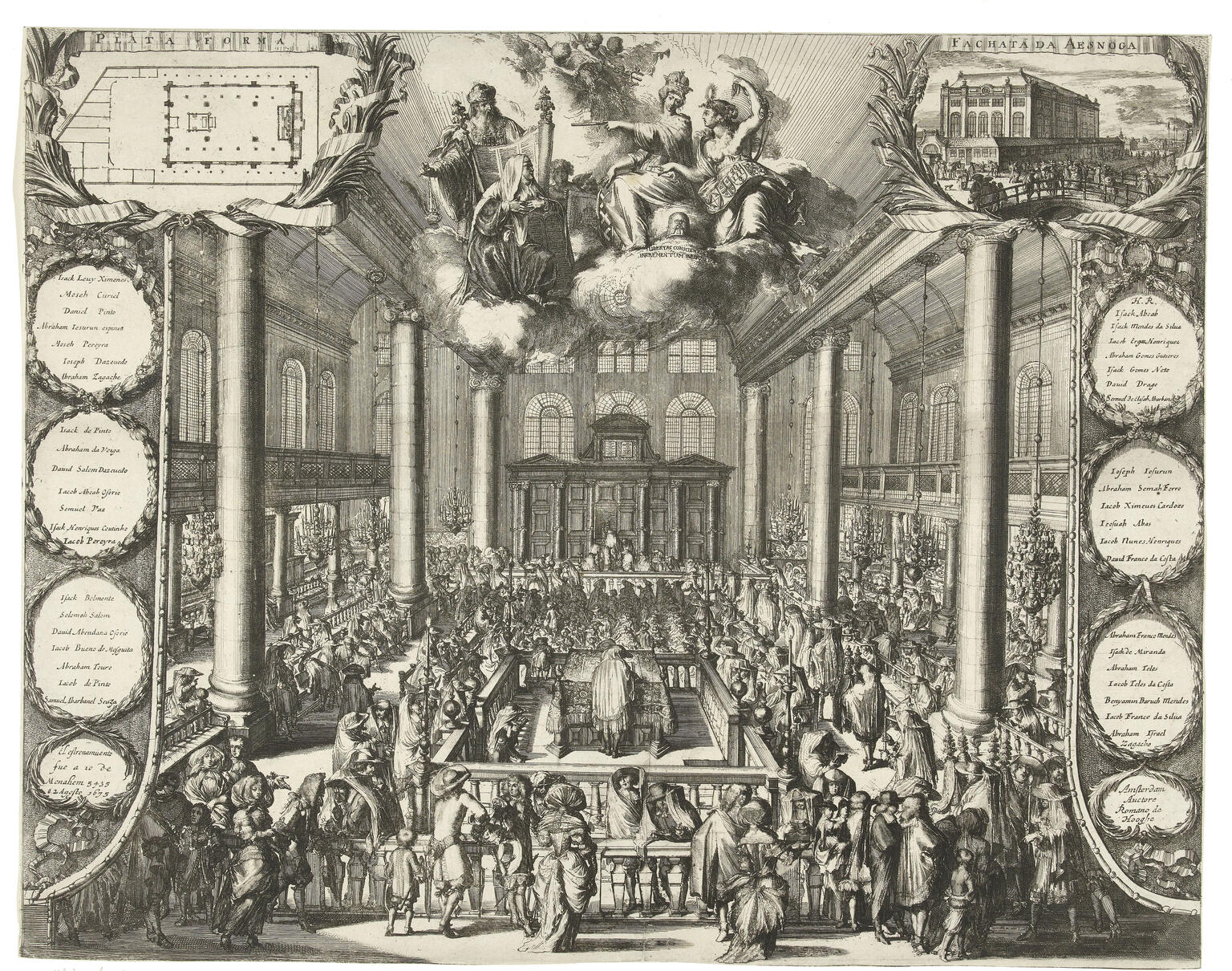 Print depicting crowded interior of room with tall ceiling, chandelier, and columns and second floor balcony along perimeter of room, a floorplan in the upper left corner and an exterior view in the upper right corner.
