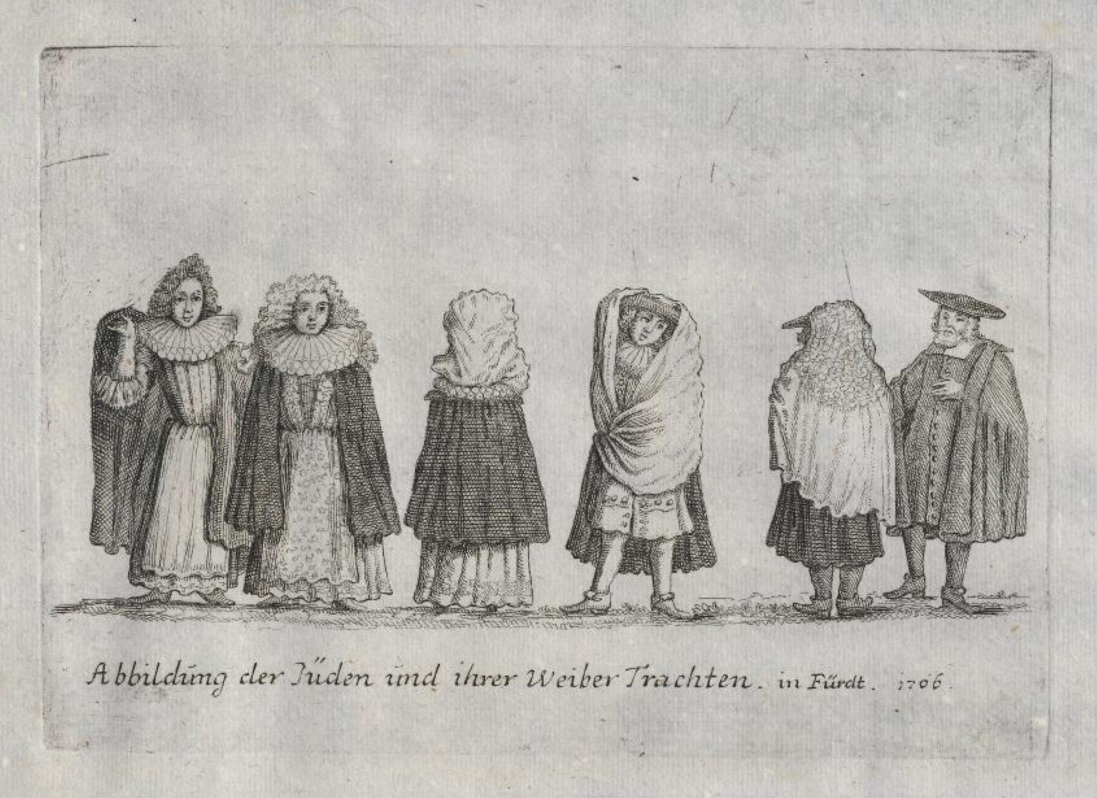 Drawing of six people wearing various clothing styles, including ruffs, dresses, and cloaks. Drawing of six people wearing various clothing styles, including ruffs, dresses, and cloaks.