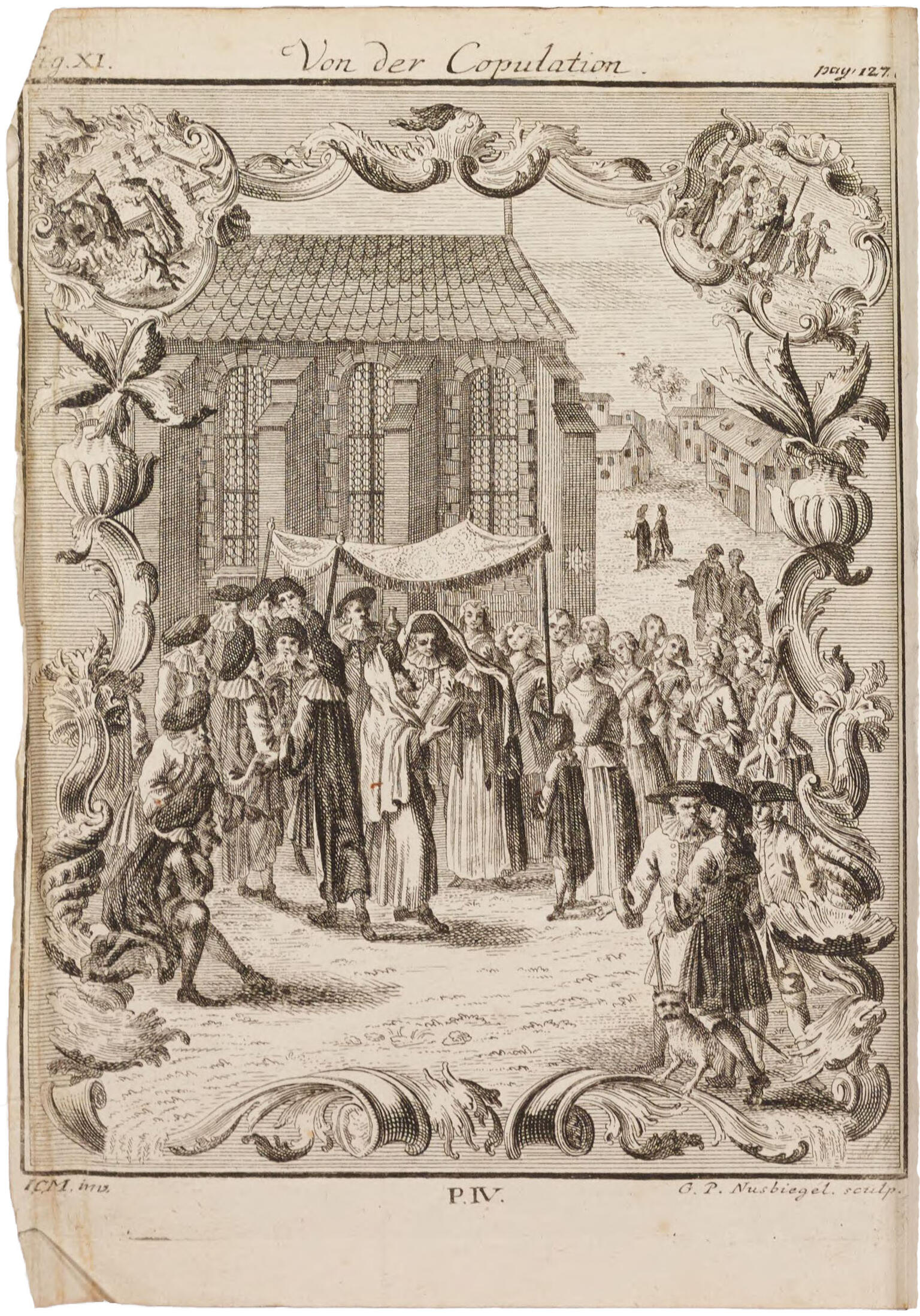 Print of couple under canopy with crowd of people looking, in front of building exterior with tall windows. Print of couple under canopy with crowd of people looking, in front of building exterior with tall windows.