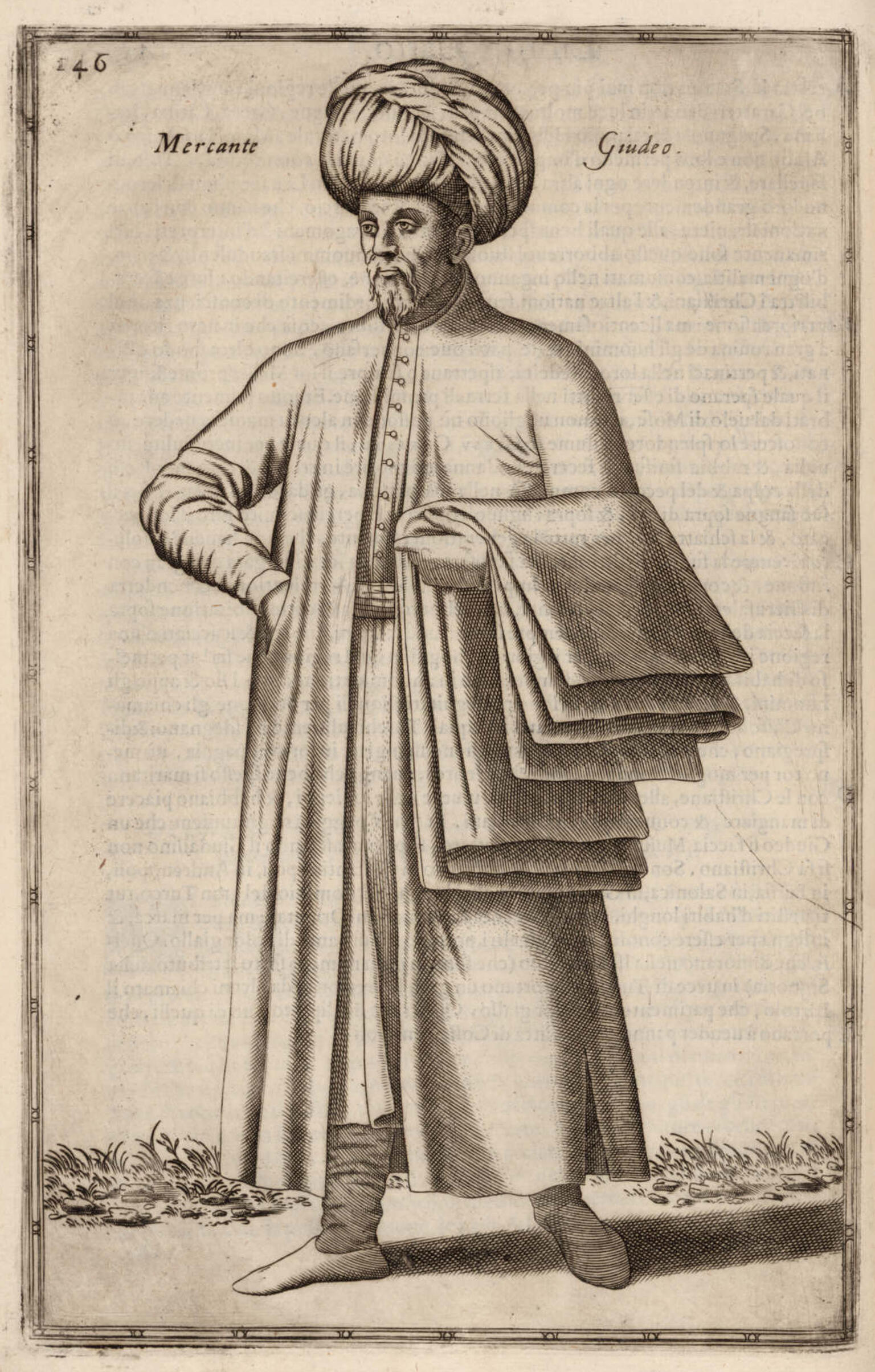 Full body drawing of man in turban with textiles folded over left arm and right hand in pocket. Full body drawing of man in turban with textiles folded over left arm and right hand in pocket.