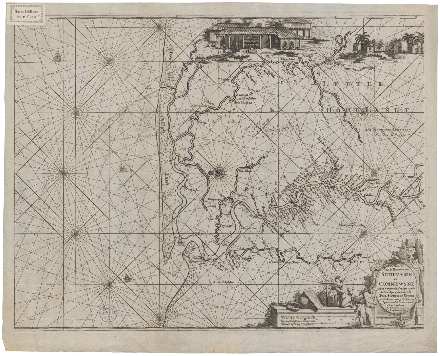 Map depicting rivers and settlements, an image of a large building with a waterwheel, and an image of small huts with palm trees at the top and two cherubs with Dutch text. 