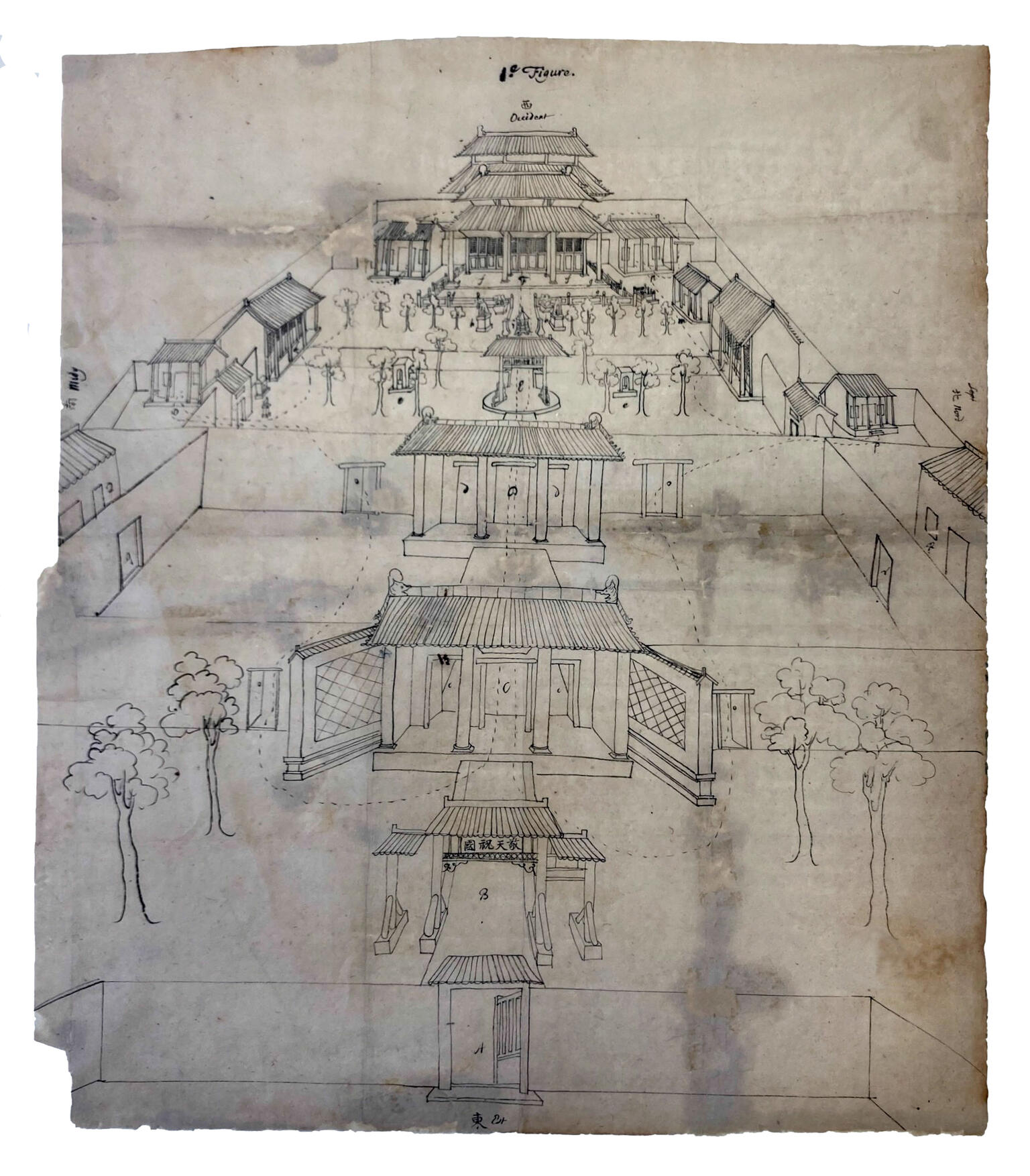 Manuscript page with drawing of building complex with inner courtyards. Manuscript page with drawing of building complex with inner courtyards.