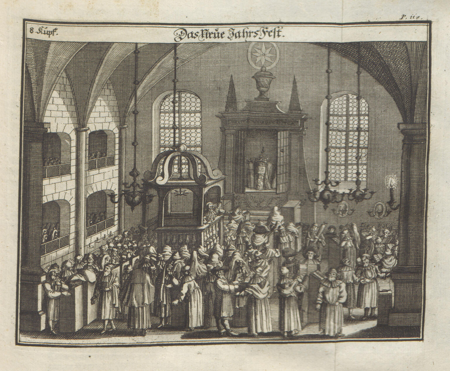 Print engraving of large group of people in room with vaulted ceiling, raised platform on left side, open Torah ark, and balcony. 