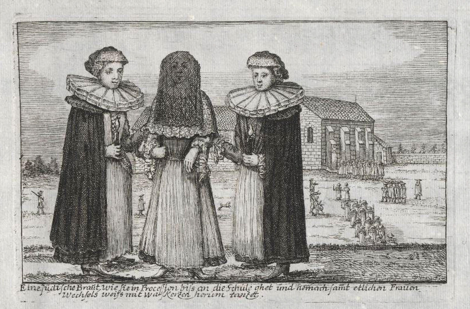 Print engraving of woman in veil flanked by two other women, standing before a stone building. Print engraving of woman in veil flanked by two other women, standing before a stone building.