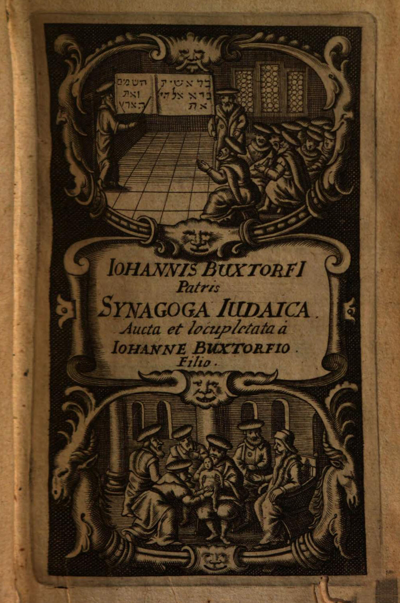 Printed page with Latin text in the center, surrounded by two images, the top of people sitting in front of a teacher and board with Hebrew letters on it, and the bottom of men sitting around a baby. 