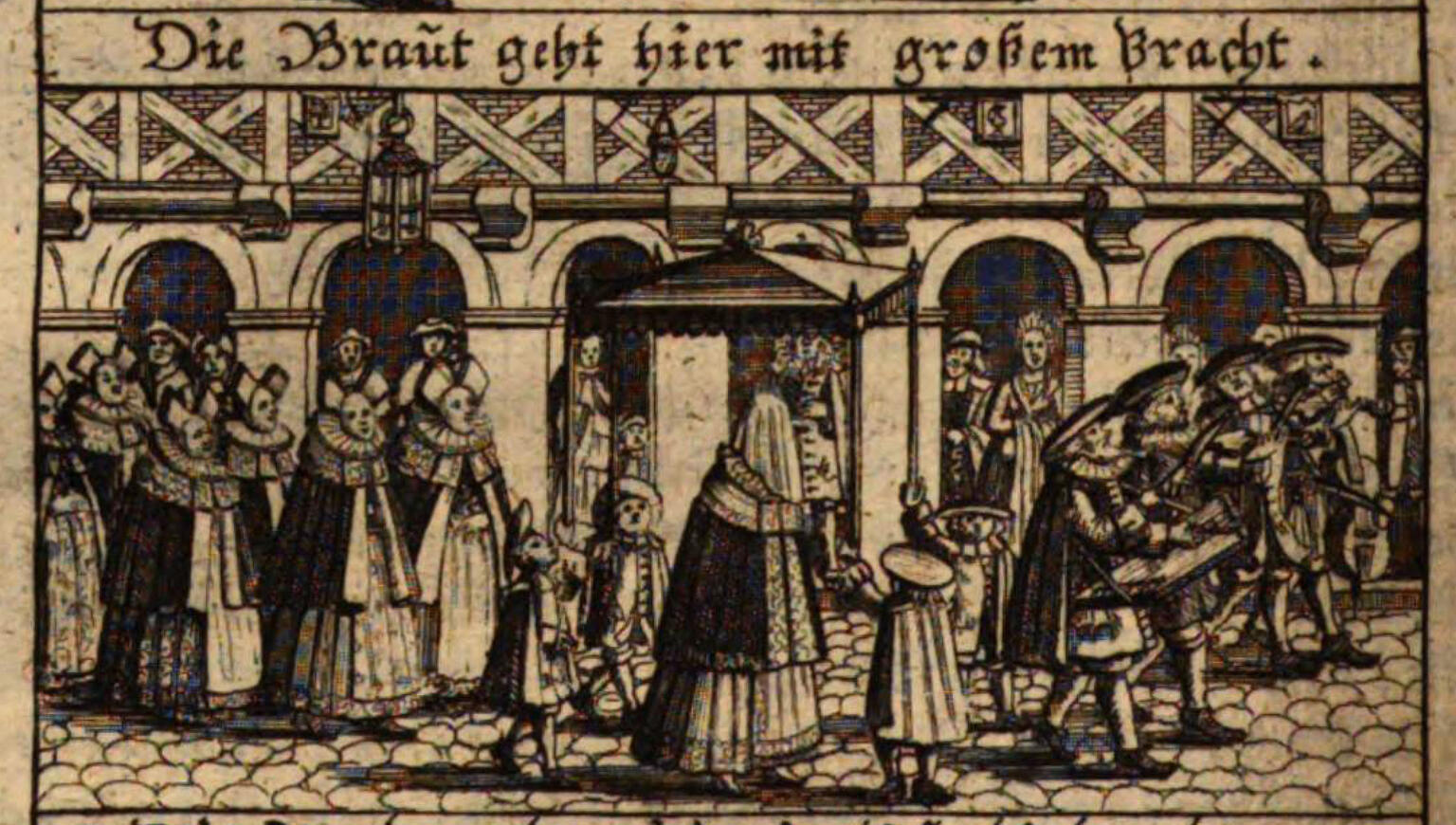 Print engraving of people outdoors around wedding canopy, outside of building.