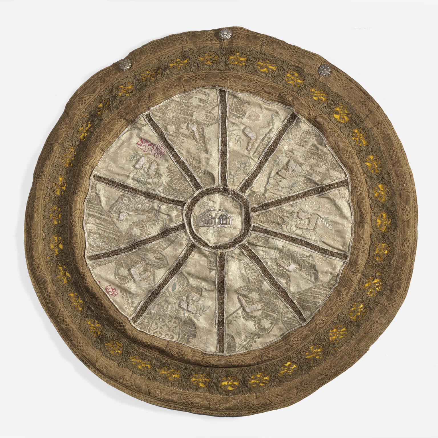 Cloth circular bag embroidered with radial sections and designs. Cloth circular bag embroidered with radial sections and designs.