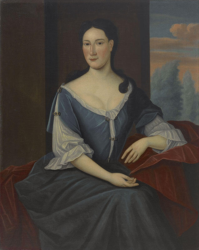 Portrait painting of woman in dress sitting with her hands in lap.