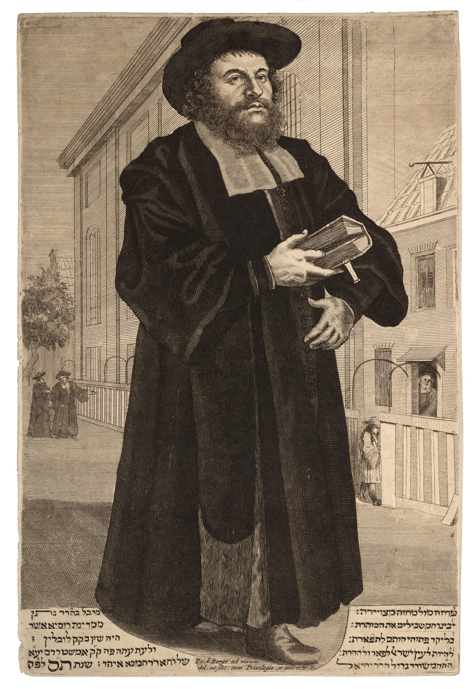 Print of full-body portrait of man in hat and robes holding book with large building in background, and Hebrew writing beneath portrait. 