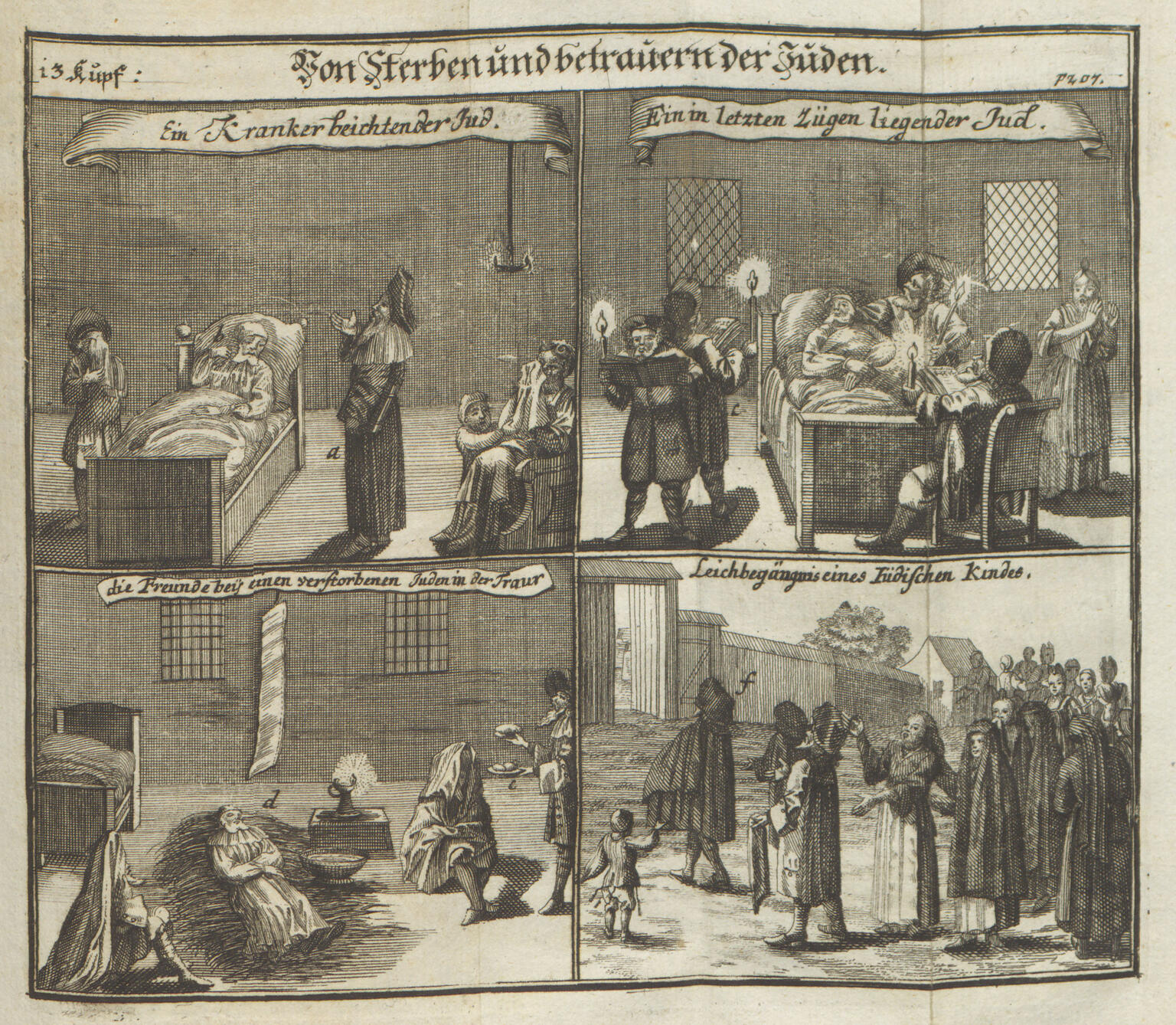 Print of four scenes in quadrants with German headings on each: top left is sick man in bed, top right is sick man in bed surrounded by people with candles and books, bottom left is sick man lying on the floor, and bottom right is procession through city walls.  