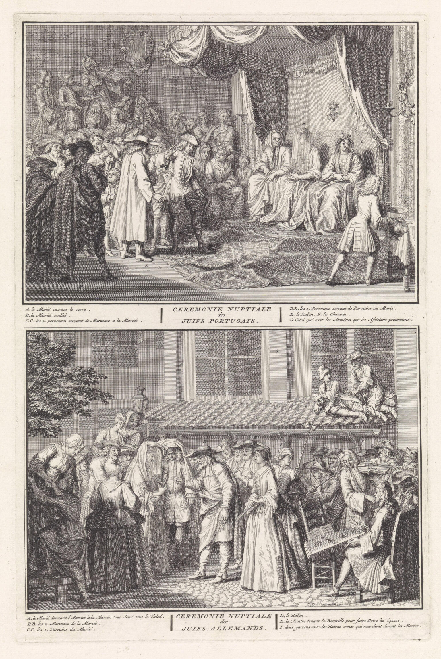 Two-panel drawing, the top of many people in interior room, some seated on right side under canopy, and the bottom of many people outside with a central figure with veil. 