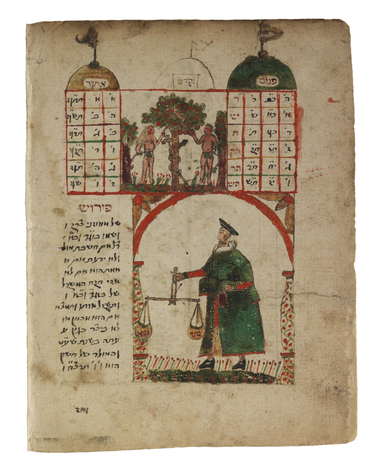 Manuscript page with a grid of Hebrew letters and words set within two domed columns with flags, with image of naked man and woman next to tree between the columns at the top of the page, and man holding scales in middle of page. 