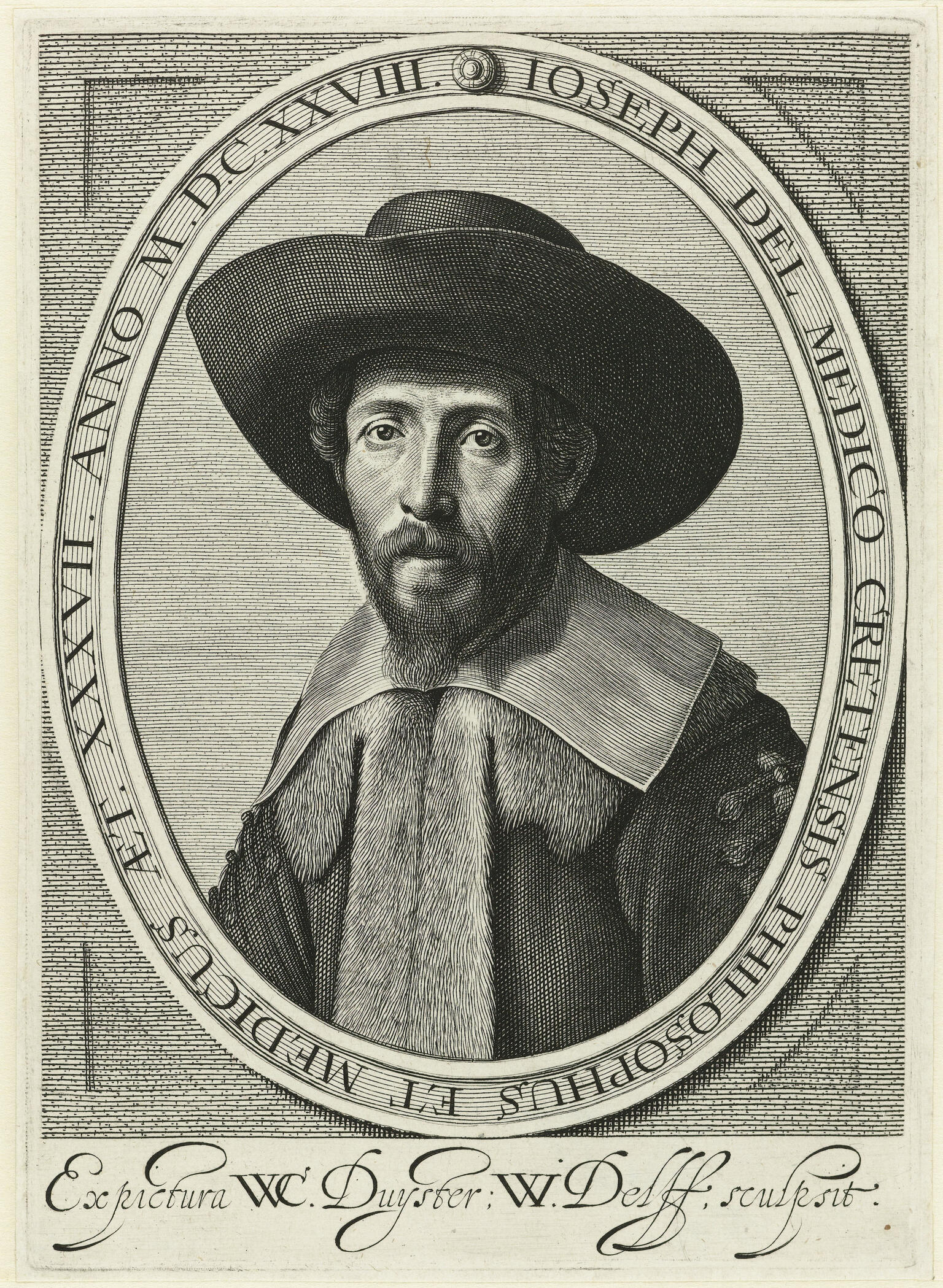 Print portrait of man wearing hat, framed by Latin text.