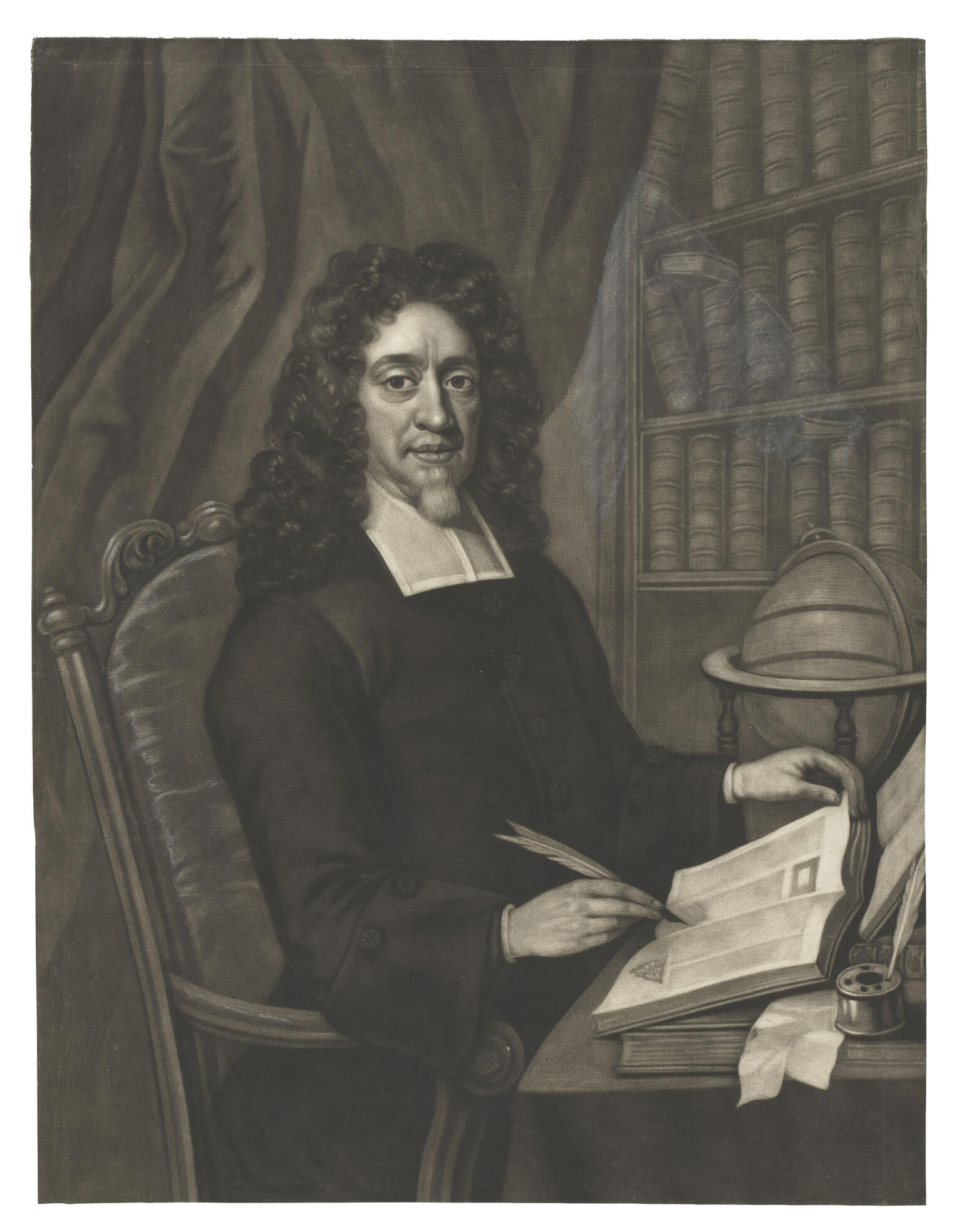 Portrait of a bearded man seated at desk wearing a wig and collar, holding a quill in his right hand and turning the page of book with his left hand, with bookshelf in background and globe and inkwell on desk. 