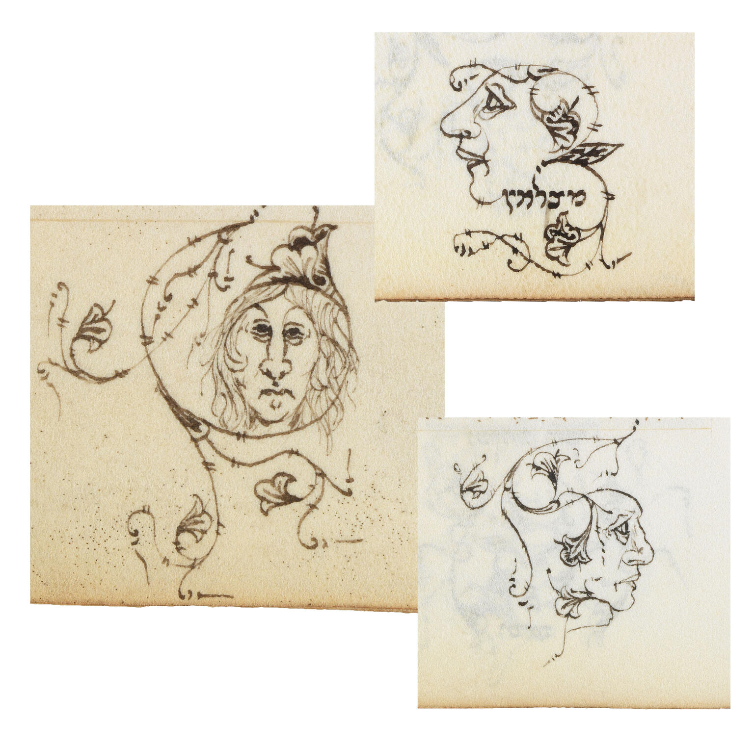 Three drawings of faces with floral designs.