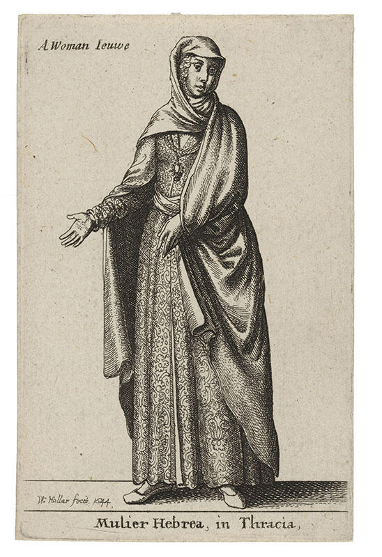 Print of standing woman wearing long shawl and dress. 