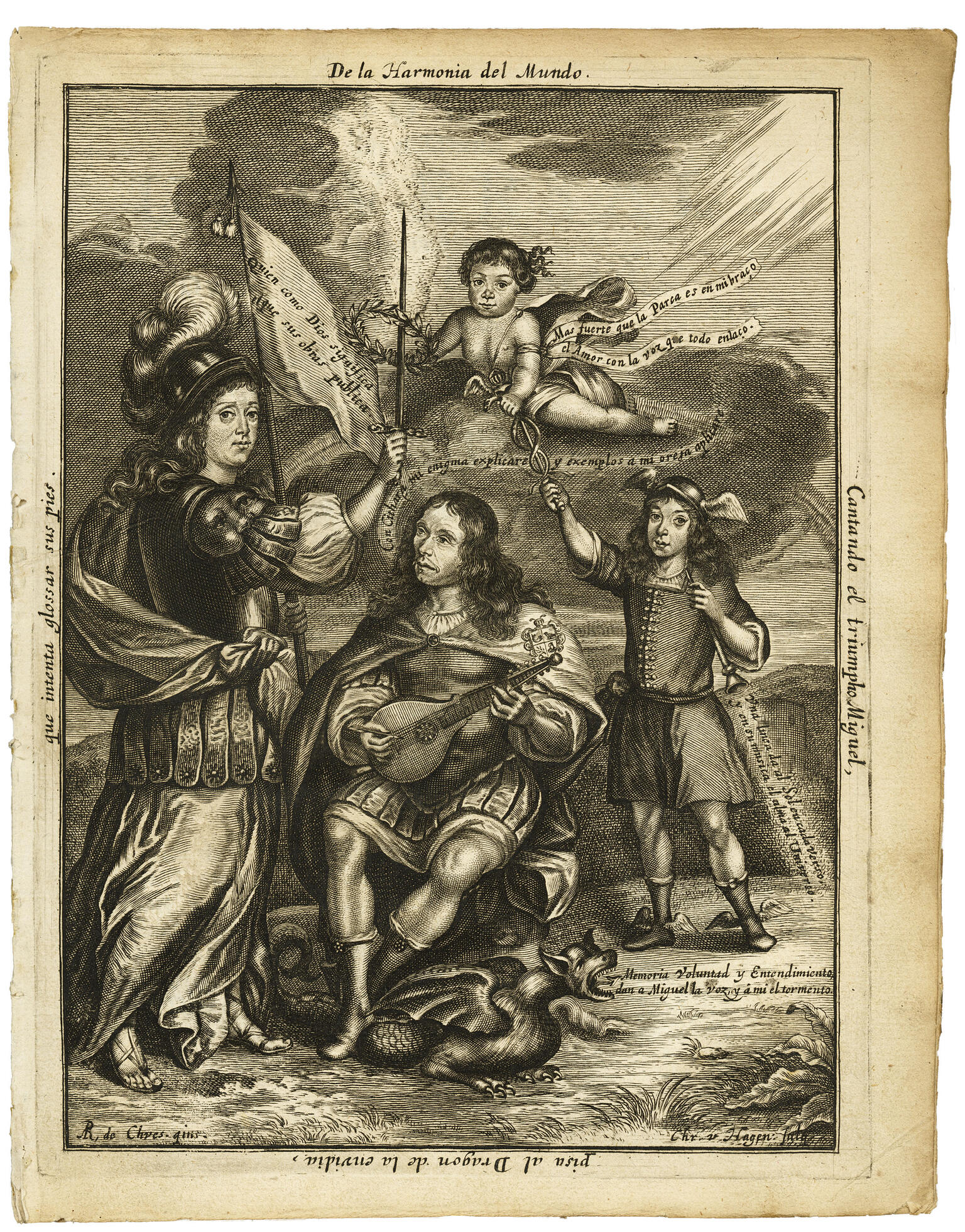Print portrait of seated figure with a dragon under his feet and an angel above him, next to an armed figure standing and holding a flag, and a boy pointing to the angel, with Spanish text around the edge and in several places in the scene. 