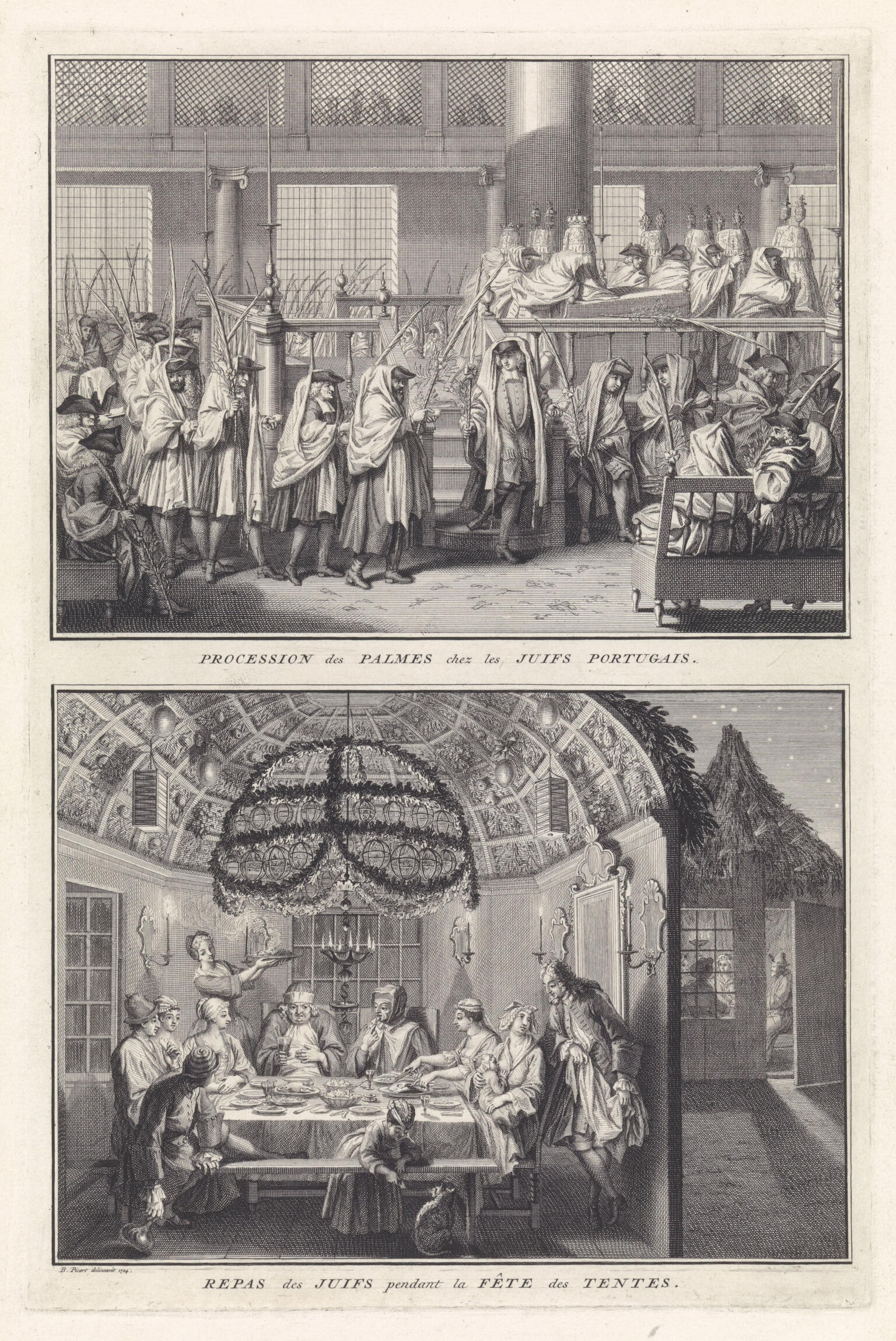 Print of two scenes: top shows a procession of men in prayer shawls holding branches through a synagogue. Bottom shows a group of people eating at a table in a tabernacle. 