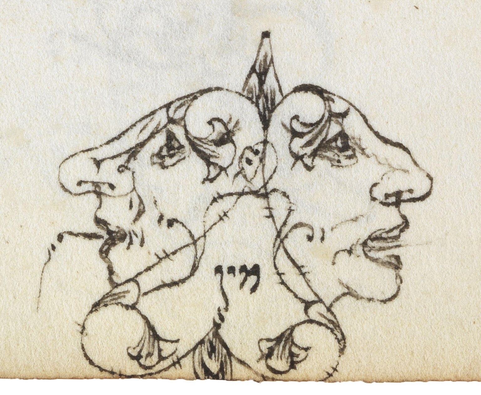 Manuscript page with line drawing of two faces in profile facing opposite directions with flowers on their heads and decorative motif throughout. 