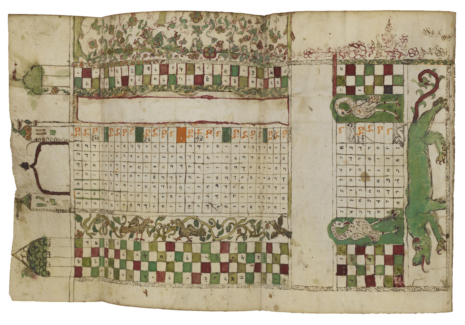 Manuscript calendar page with Hebrew letters in squares, decorated with illustrations of birds and flowers, with castle at the top and dragon at the bottom. 
