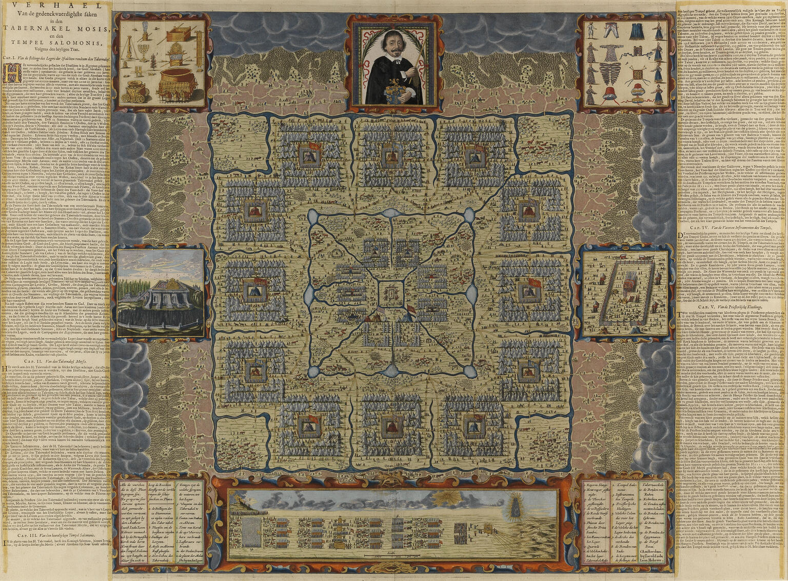 Broadsheet with Dutch text on left and right margins, with large illustrated map in the middle of many squares and lines. Around the map are five images in squares: a man in hat and moustache, layers of priestly garments, a smaller map, rectangular building, and items of worship such as a candelabrum. 