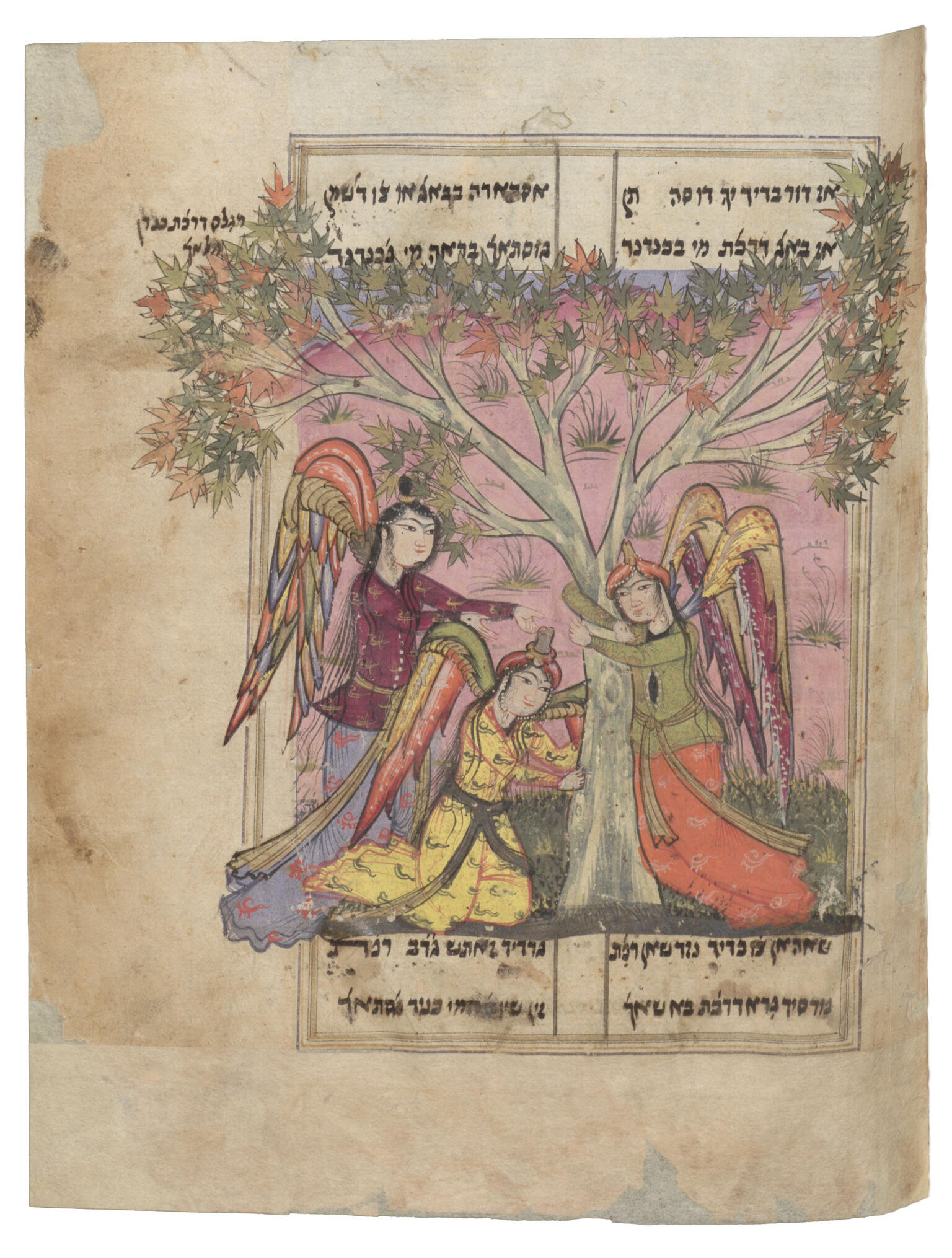 Manuscript page of Judeo-Persian text with illustration of three angels beneath of tree.