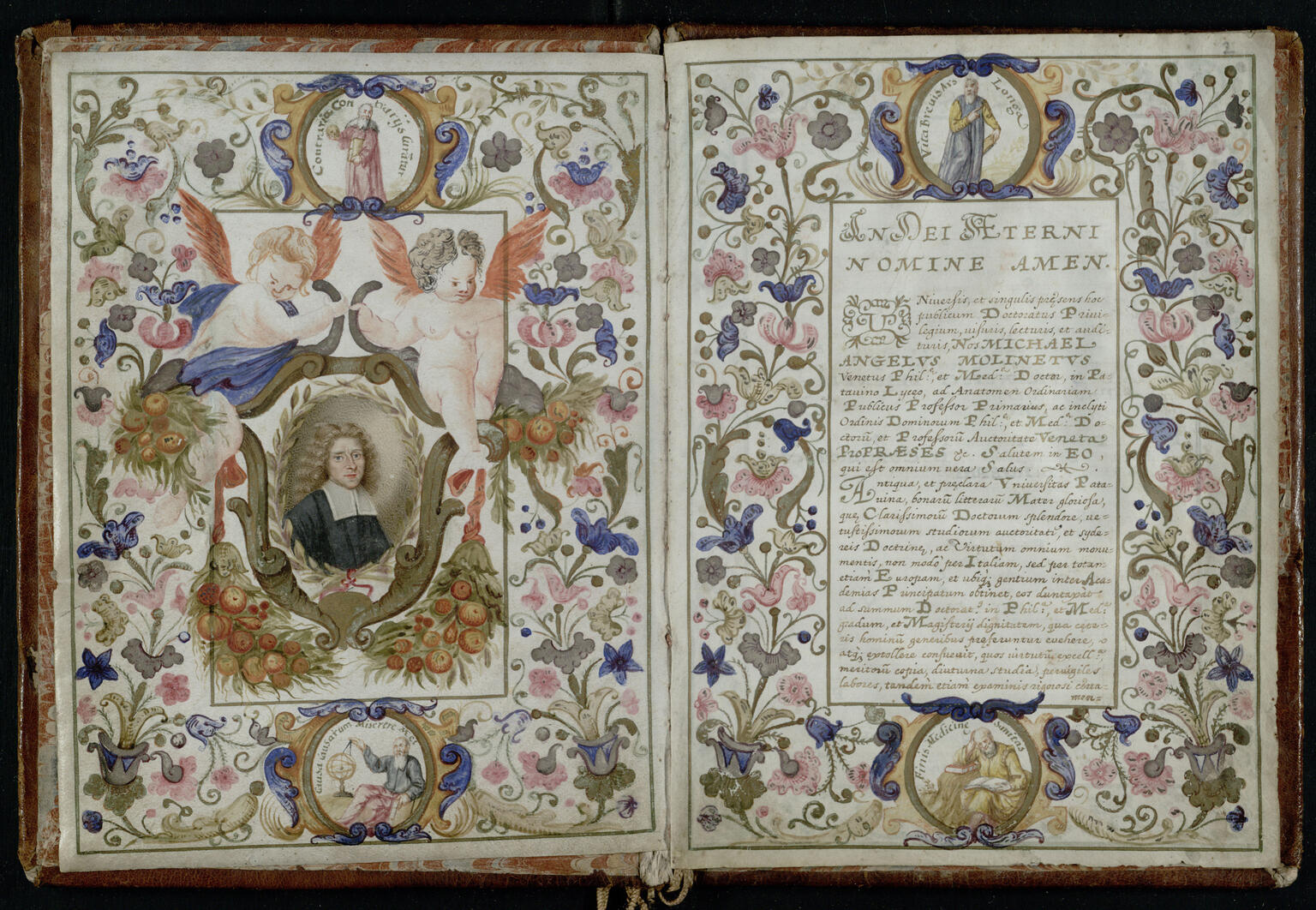 Facing-page manuscript with Latin text on right-hand page surrounded by floral border and man in circular frame on top and bottom of page, and portrait of man on left-hand side surrounded by floral border and two cherubs with man in frames on top and bottom of page. 