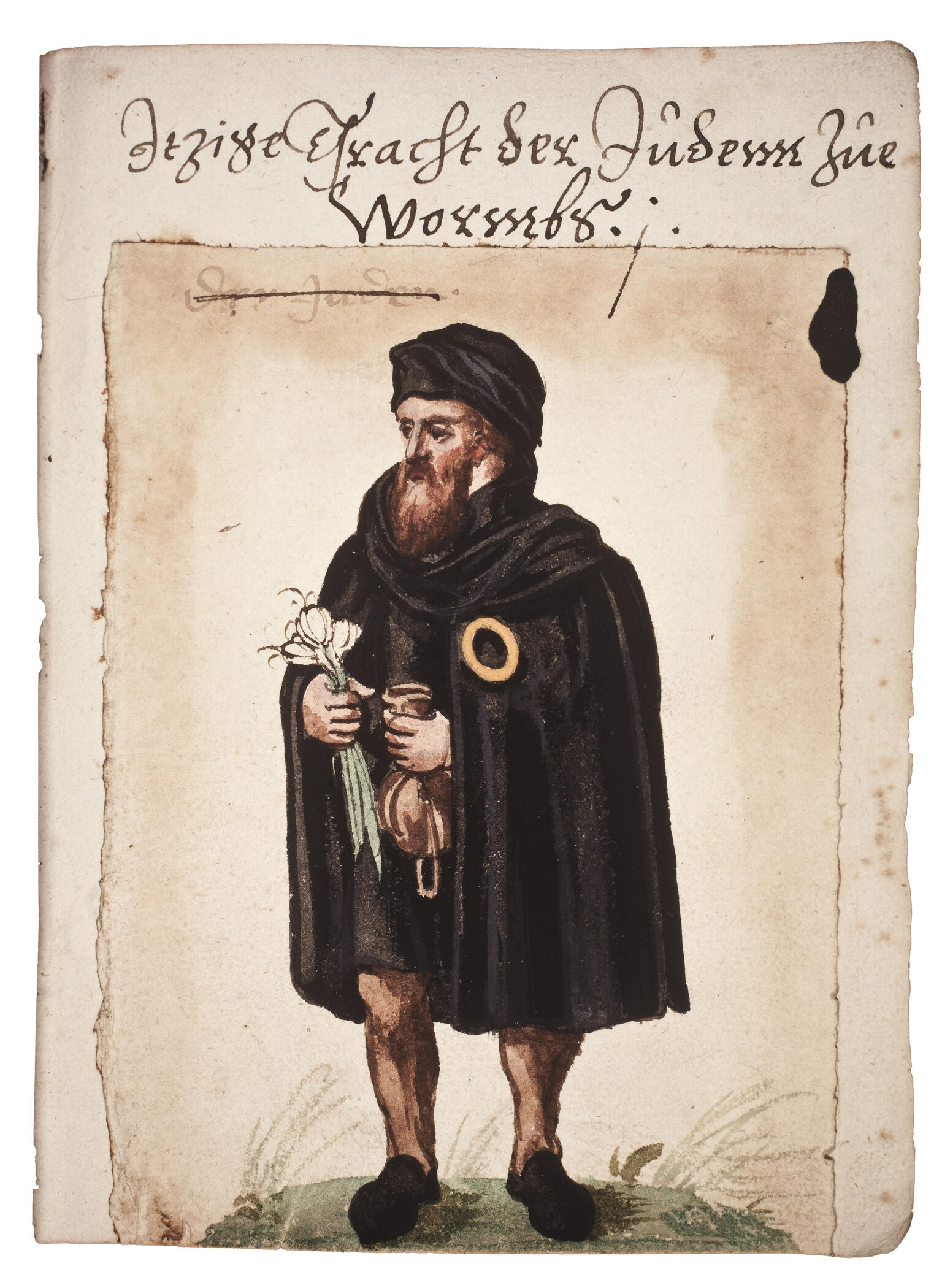Illustration of man in hat carrying money bag and garlic and wearing badge, with German text across top.
