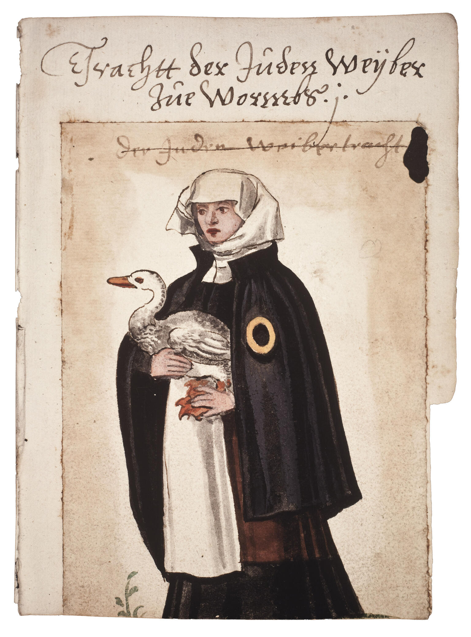 Illustration of woman in veil carrying goose and wearing badge, with German text across top.
