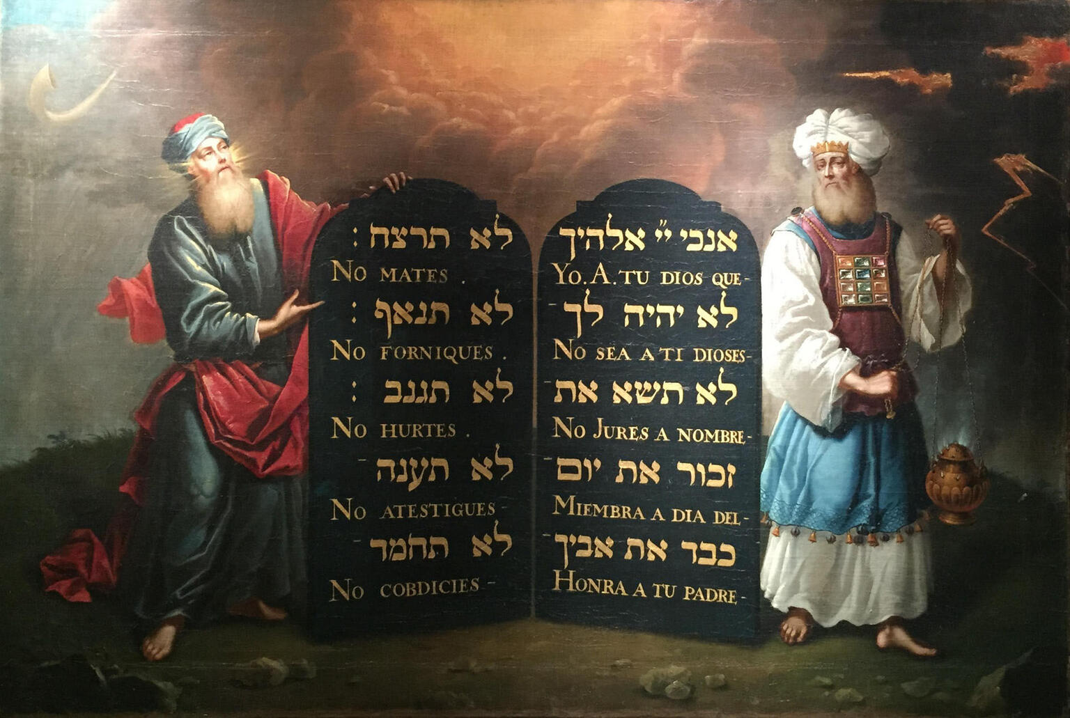 Painting of two bearded men in robes, one on each side of large tablets with Hebrew and Spanish text. Painting of two bearded men in robes, one on each side of large tablets with Hebrew and Spanish text.