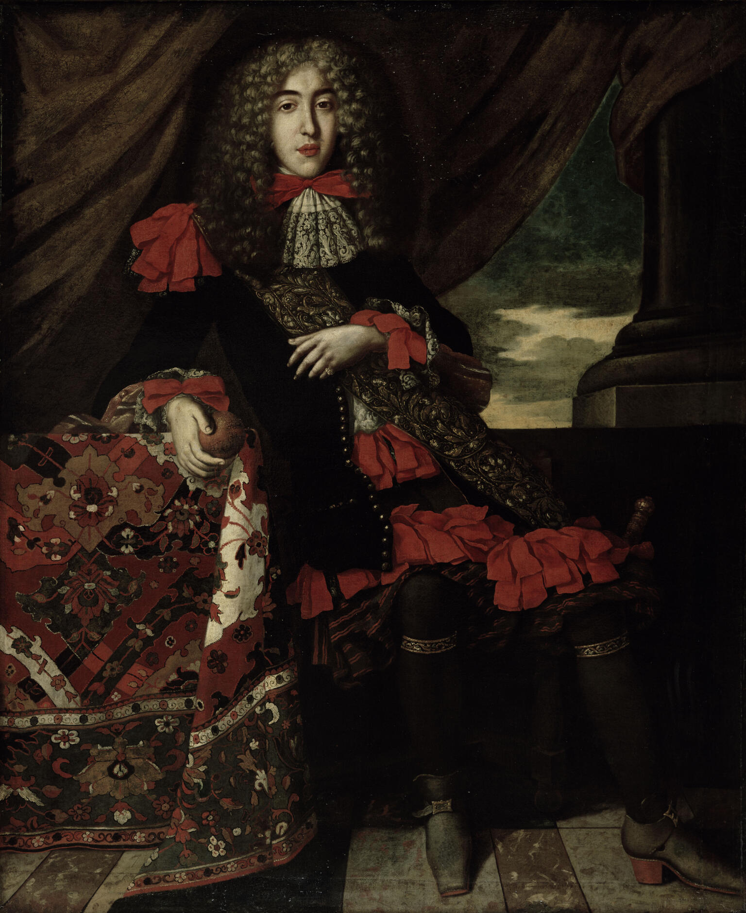 Portrait painting of man dressed in beribboned robe, standing with one arm resting on a table covered with cloth, next to thick curtains.
