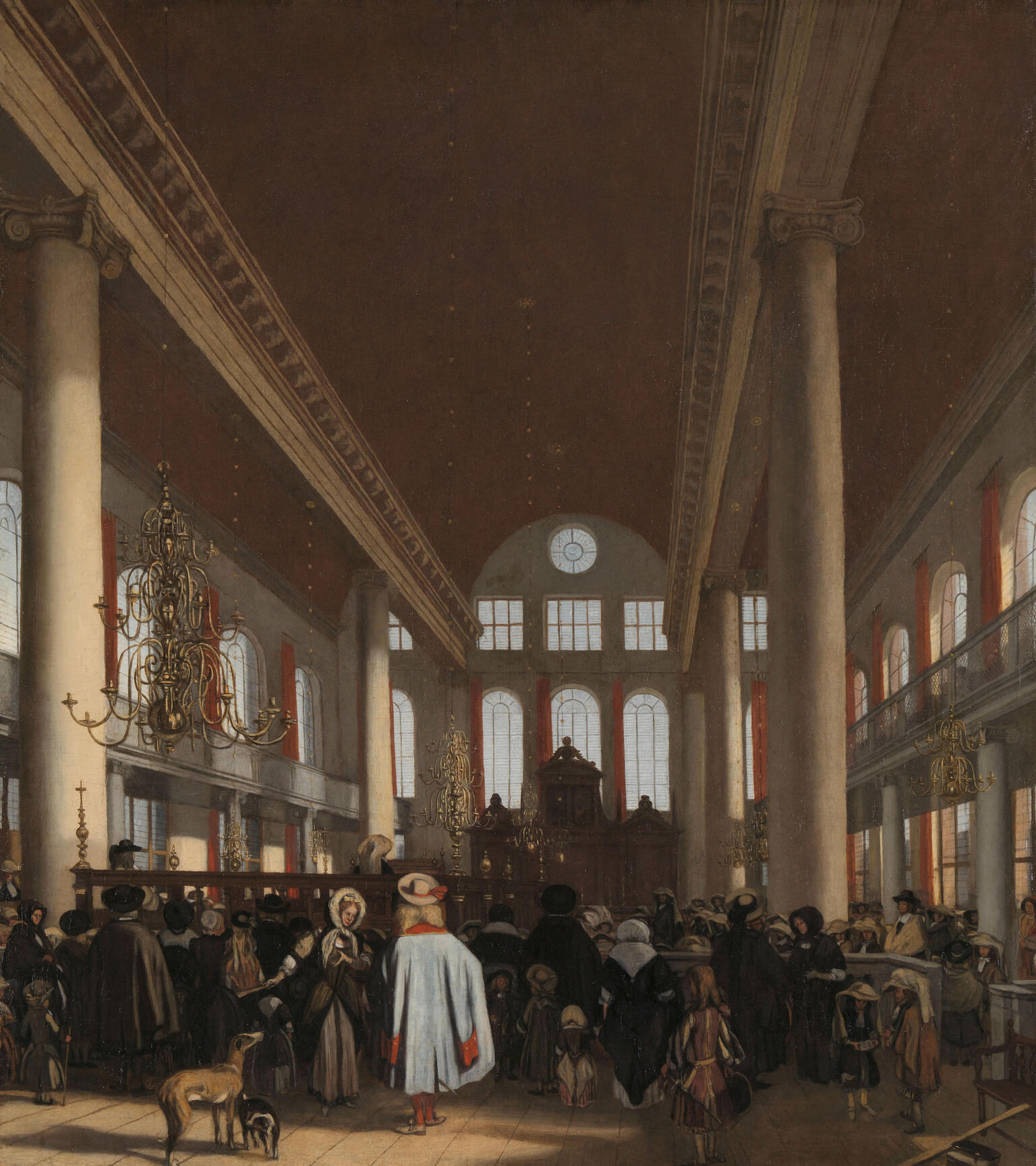 Painting depicting interior with two-story columns, arched windows, and many people facing away from viewer. 
