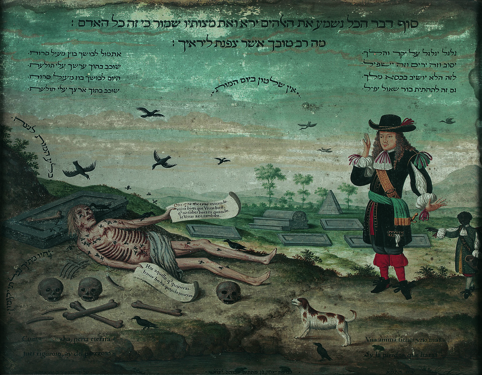 Painting with Hebrew and Portuguese text throughout, and depiction of man in graveyard accompanied by servant seeing decaying corpse being picked apart by crows. 