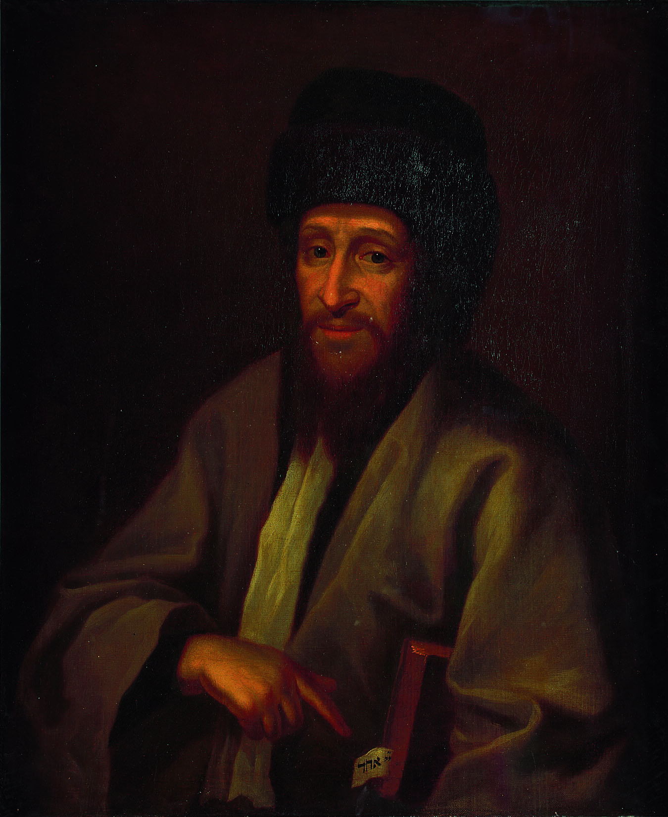 Portrait painting of man in hat facing viewer and pointing toward a book tucked under his arm with slip of paper with Hebrew text.