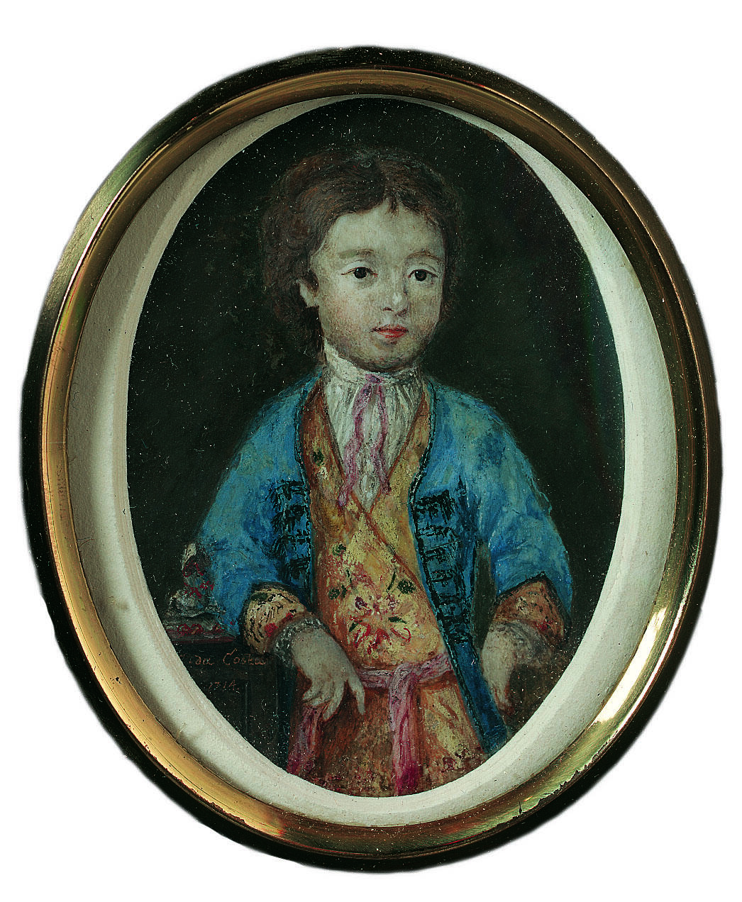 Portrait painting in circular frame of boy leaning to one side and facing viewer. Portrait painting in circular frame of boy leaning to one side and facing viewer.