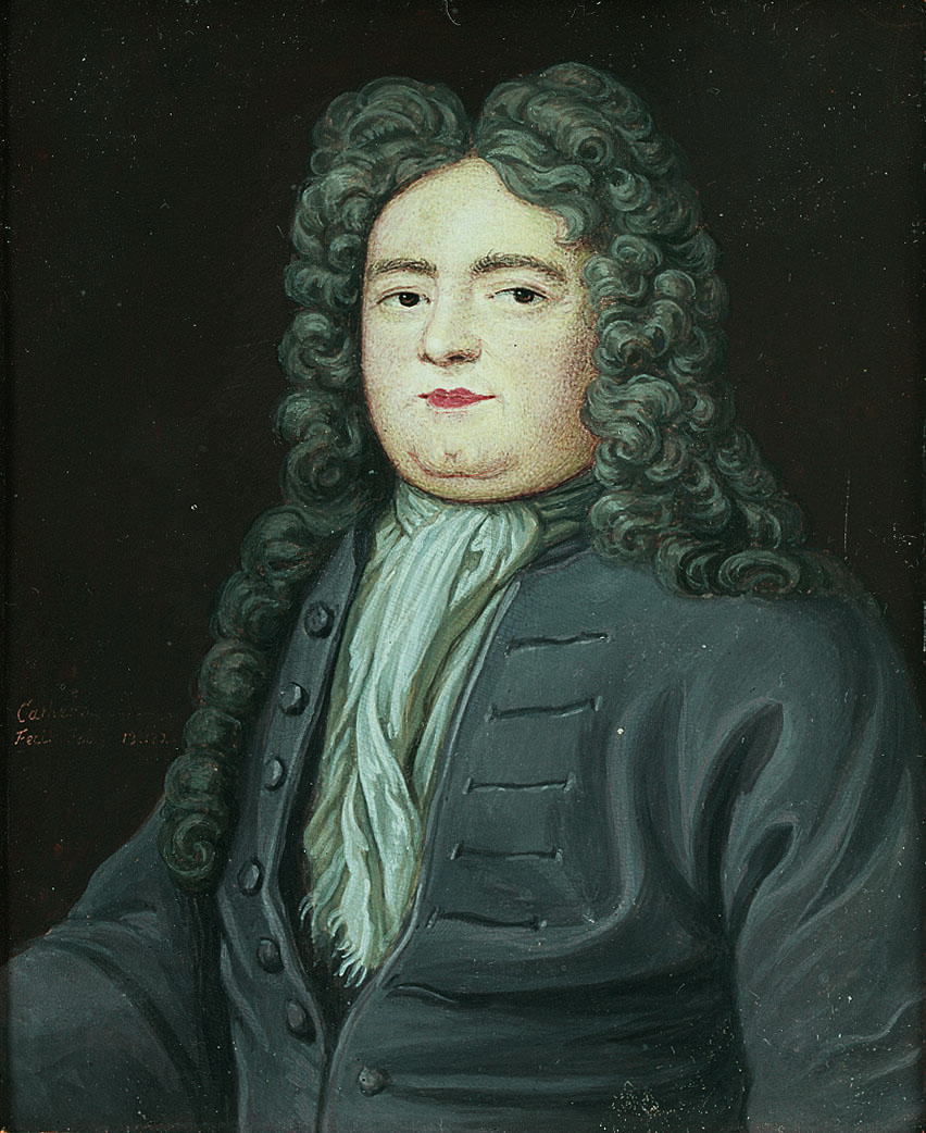 Portrait painting of man wearing periwig and looking to his left. Portrait painting of man wearing periwig and looking to his left.